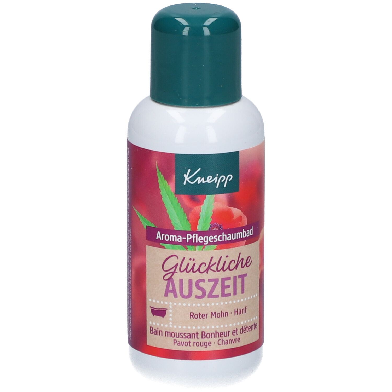Kneipp Aroma-Pflegeschaumbad Flasche. Rote und grüne Etiketten. Aufschrift: Glückliche Auszeit, Roter Mohn - Hanf.