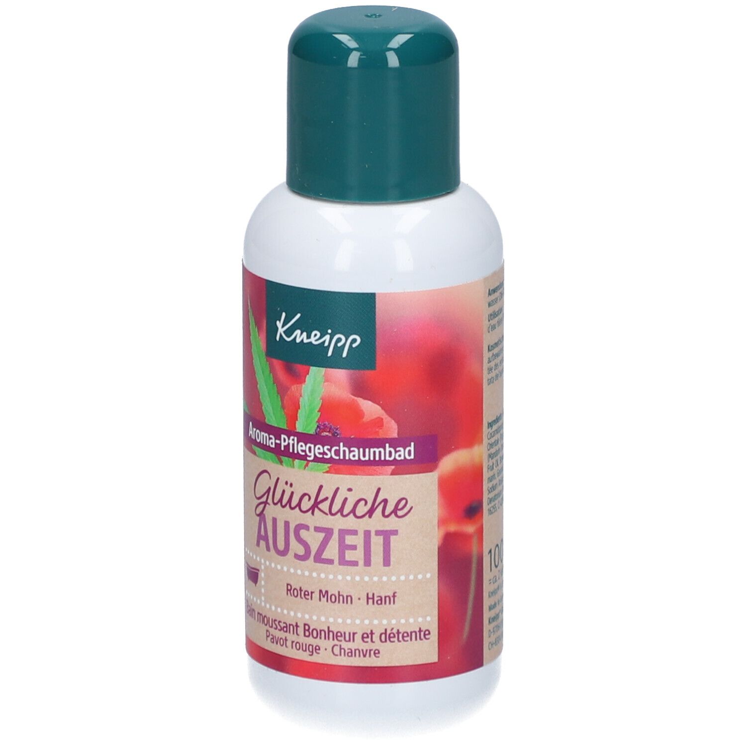 Kneipp Aroma-Pflegeschaumbad Flasche. Rote und grüne Etiketten. Aufschrift: Glückliche Auszeit, Roter Mohn - Hanf.