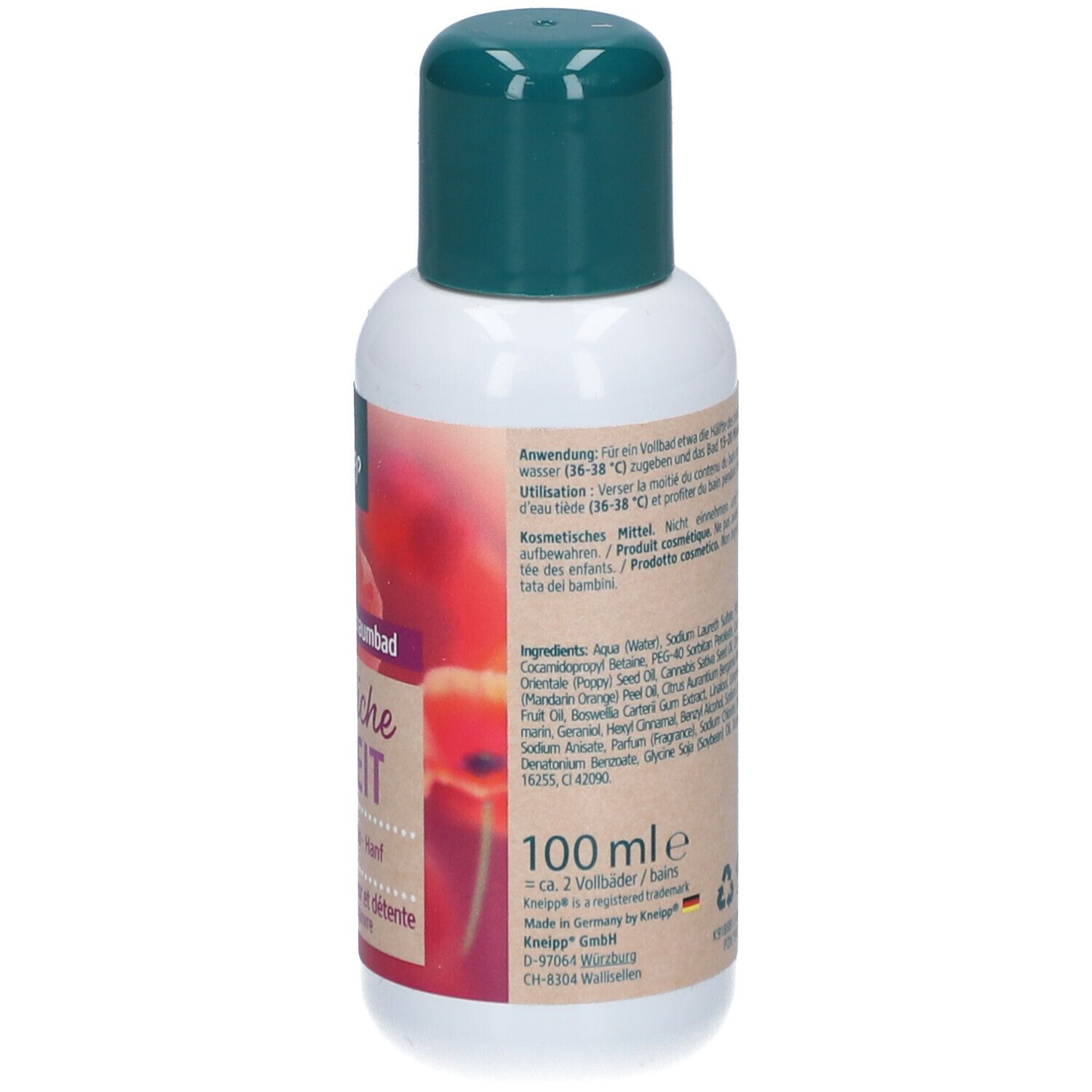 Kneipp Aroma-Pflegeschaumbad Flasche. Rückseite mit Text. Aufschrift: Anwendung, Inhaltsstoffe, 100 ml.