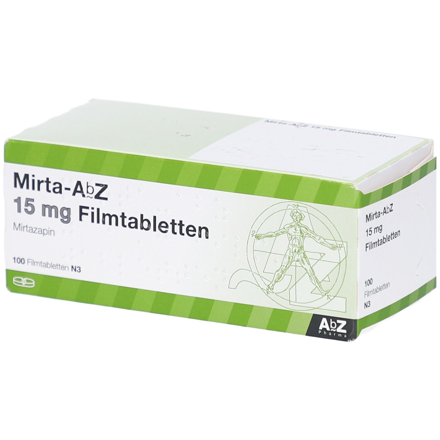 Schachtel mit MIRTA-AbZ 15 mg Filmtabletten. Grün-weiße Verpackung mit Produktnamen, Dosierung und Logo.