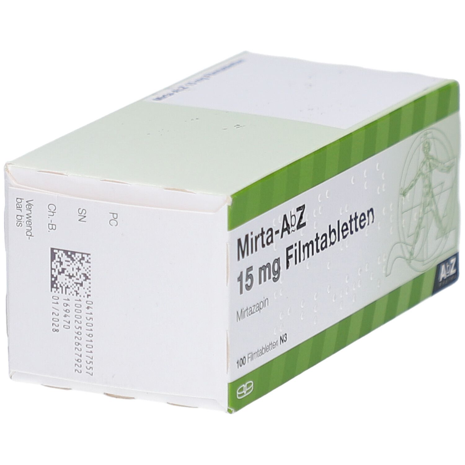 Schachtel MIRTA-AbZ 15 mg Filmtabletten. Seitenansicht mit Produktnamen, Dosierung und Barcode.