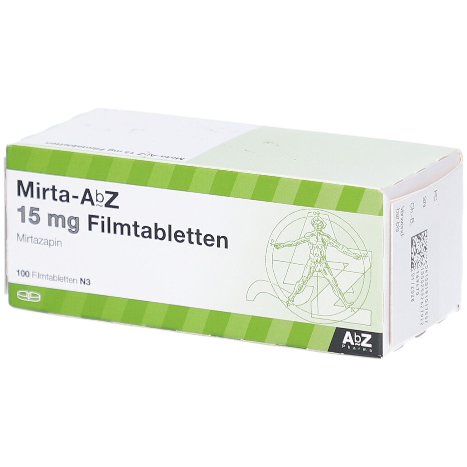 Schachtel MIRTA-AbZ 15 mg Filmtabletten. Grün-weiße Verpackung mit Produktnamen, Dosierung und Logo.