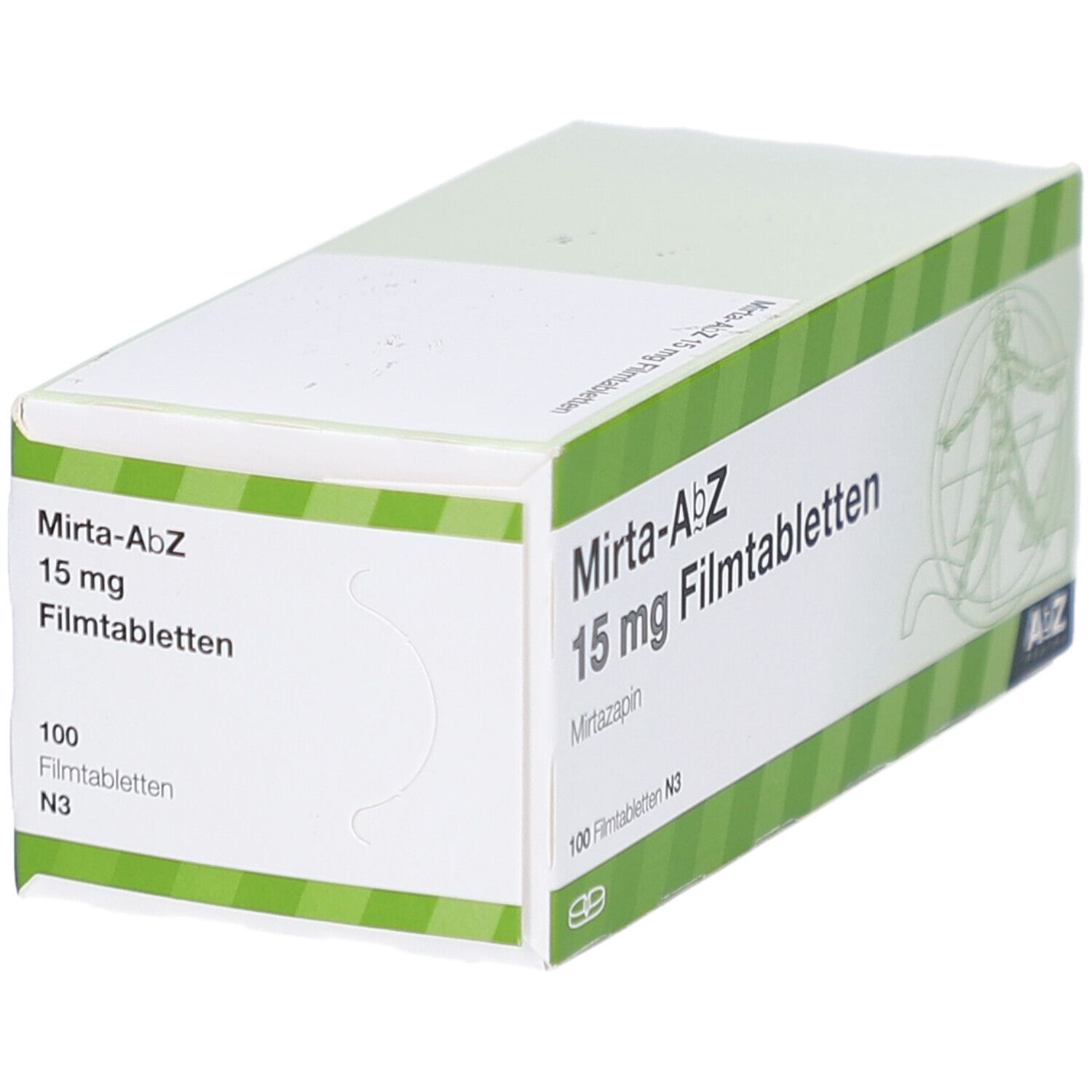Schachtel MIRTA-AbZ 15 mg Filmtabletten. Seitenansicht mit Produktnamen, Dosierung und Logo.