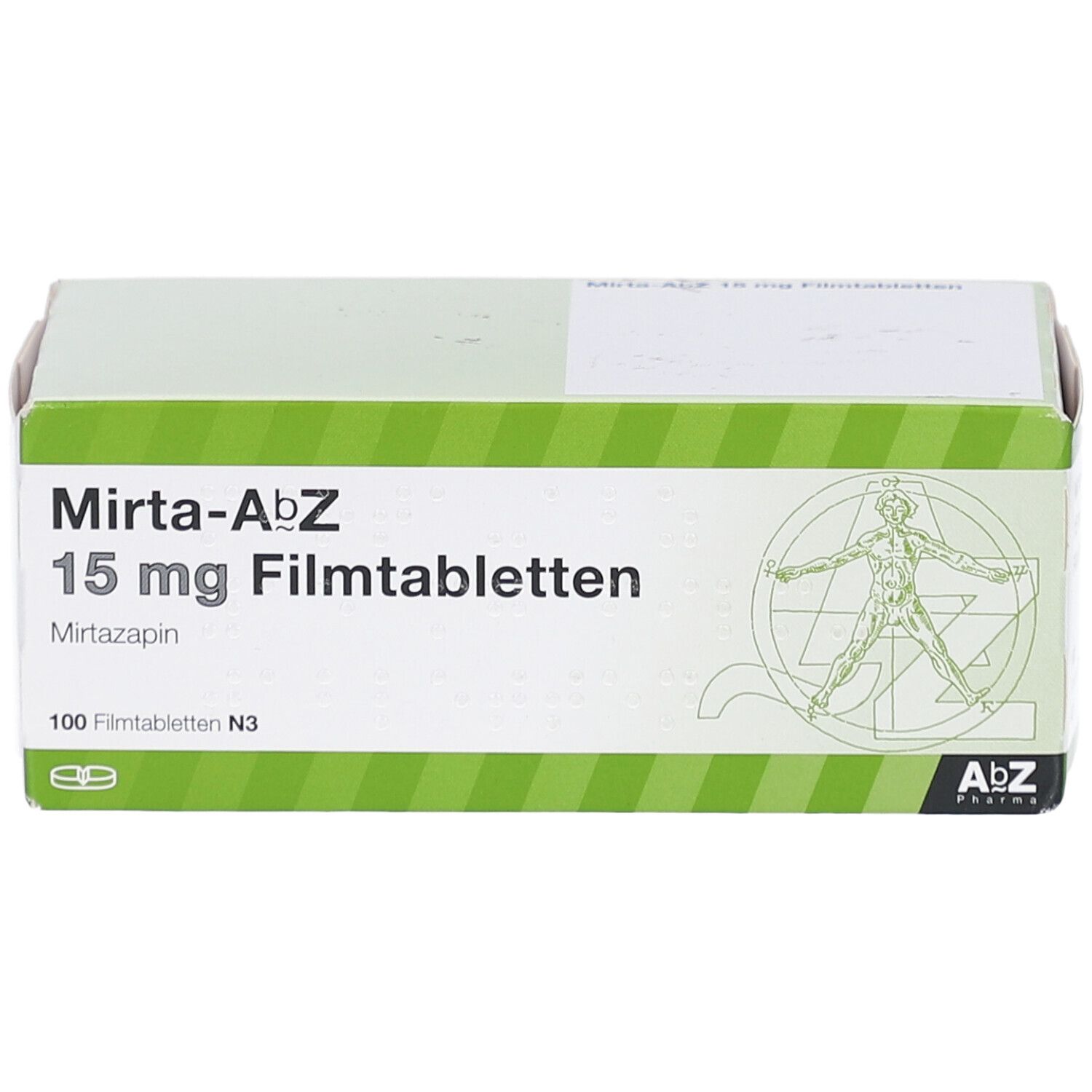 Schachtel MIRTA-AbZ 15 mg Filmtabletten. Grün-weiße Verpackung mit Produktnamen, Dosierung und Logo.