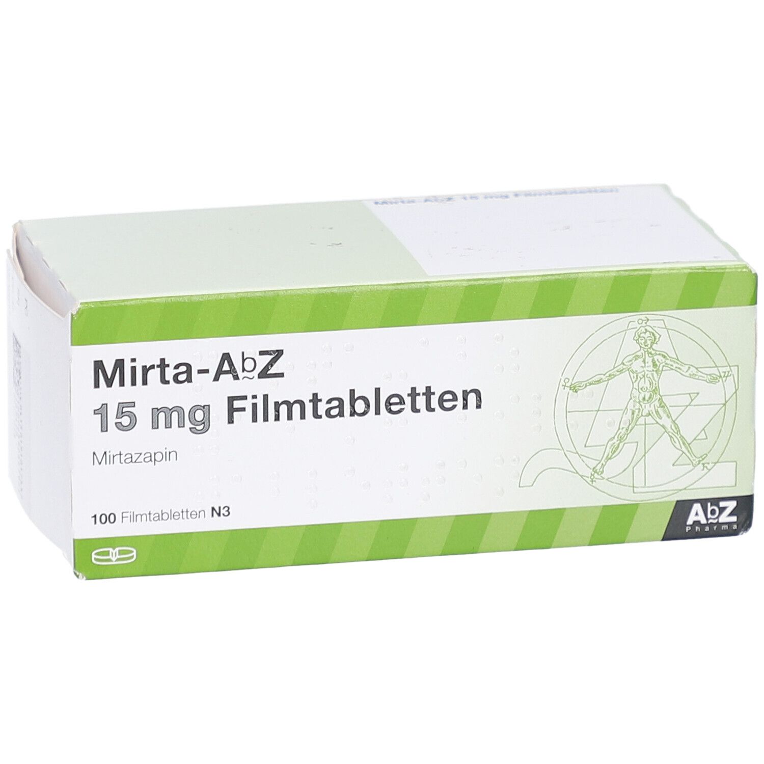 Schachtel MIRTA-AbZ 15 mg Filmtabletten. Grün-weiße Verpackung mit Produktnamen, Dosierung und Logo.
