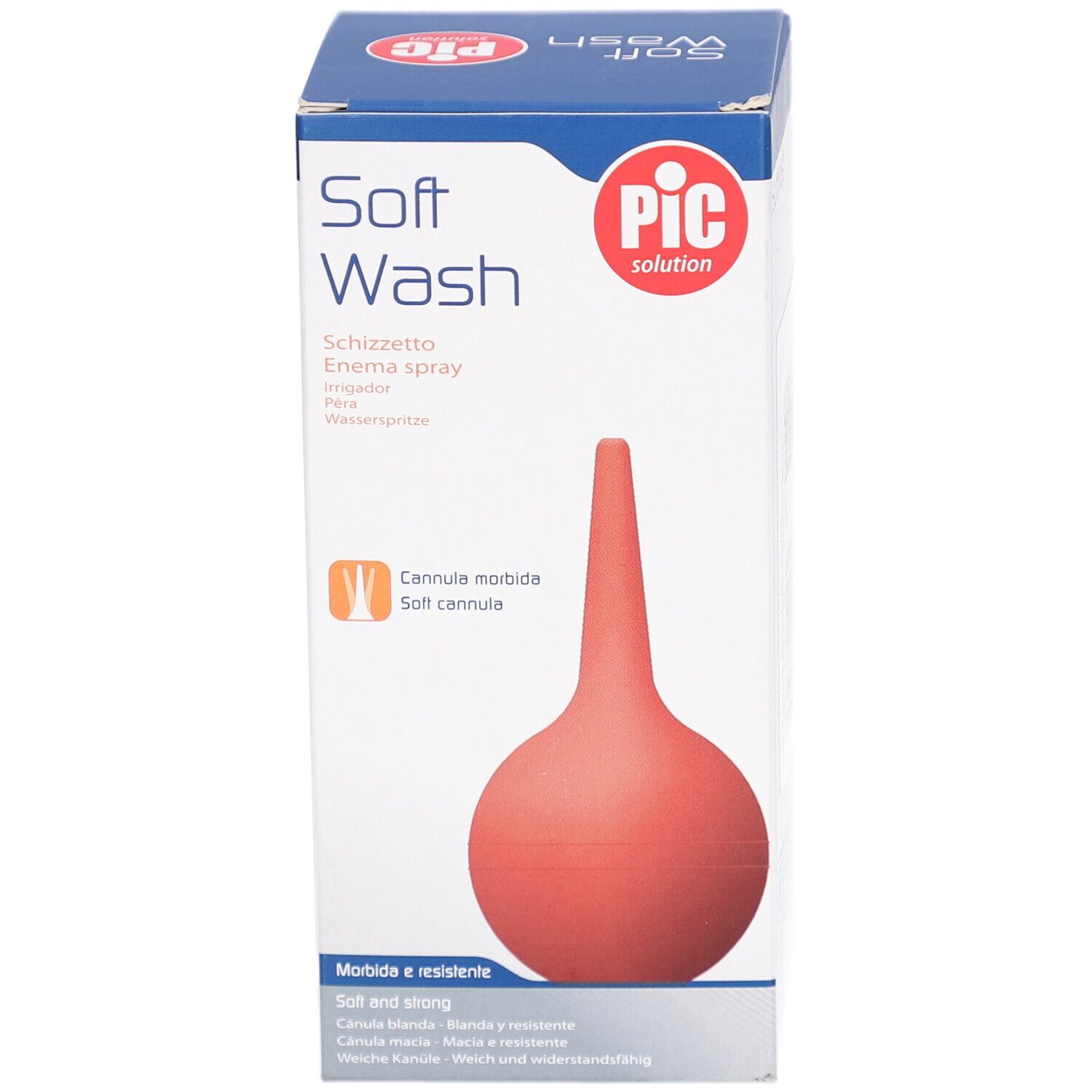 Verpackung von PIC Soft Wash. Rote, birnenförmige Klistierspritze mit weicher Kanüle. Produktname und Marke deutlich sichtbar.