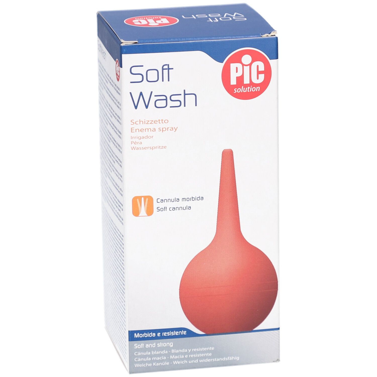 Verpackung von PIC Soft Wash. Rote, birnenförmige Klistierspritze mit weicher Kanüle. Produktname und Marke deutlich sichtbar.