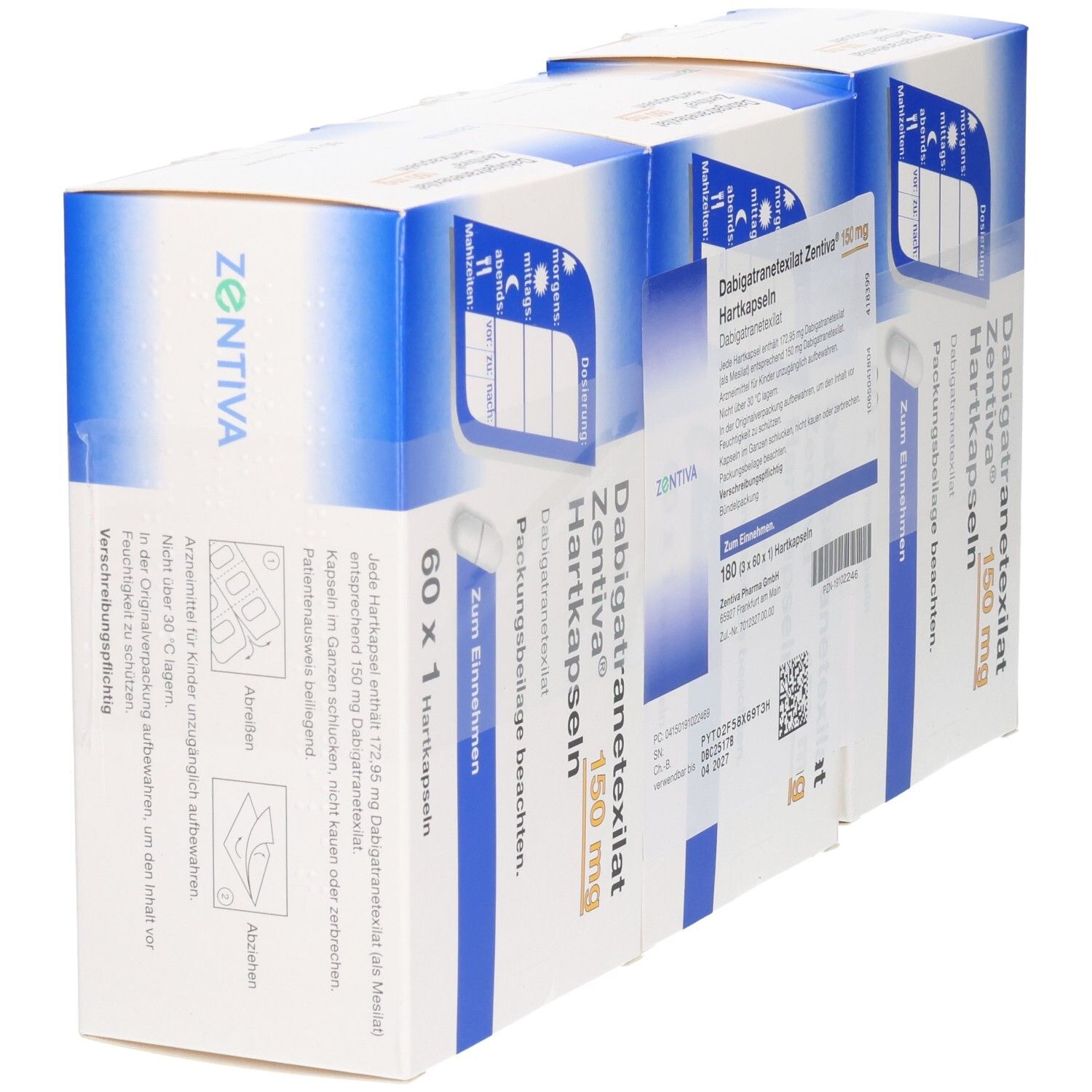 Mehrere Packungen DABIGATRANETEXILAT Zentiva 150 mg Hartkapseln. Weiße und blaue Verpackung mit Produktinformationen.