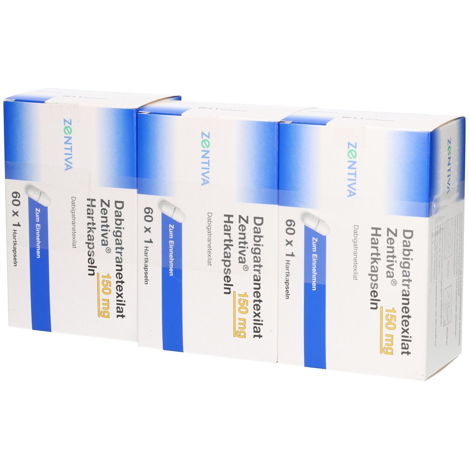 Mehrere Packungen DABIGATRANETEXILAT Zentiva 150 mg Hartkapseln. Weiße und blaue Verpackung mit Produktinformationen.