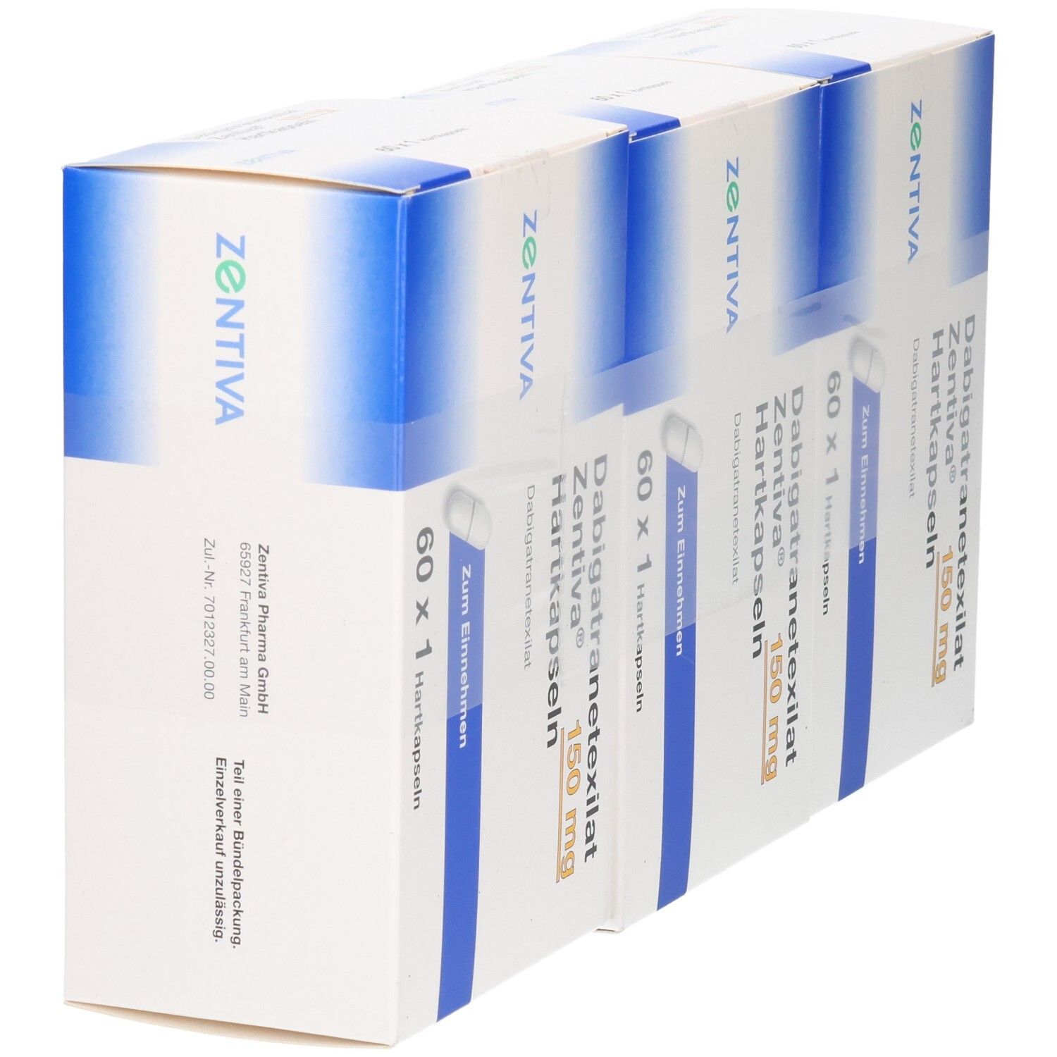 Mehrere Packungen DABIGATRANETEXILAT Zentiva 150 mg Hartkapseln. Weiße und blaue Verpackung mit Produktinformationen.