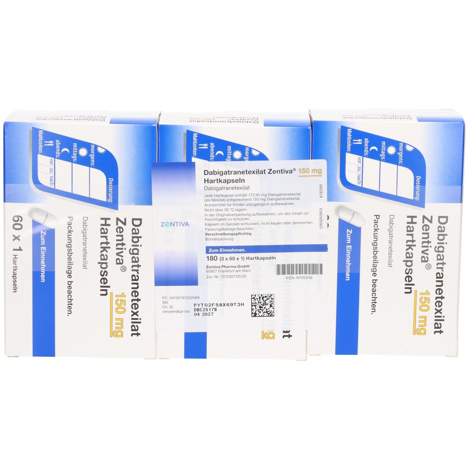 Mehrere Packungen DABIGATRANETEXILAT Zentiva 150 mg Hartkapseln. Weiße und blaue Verpackung mit Produktinformationen.