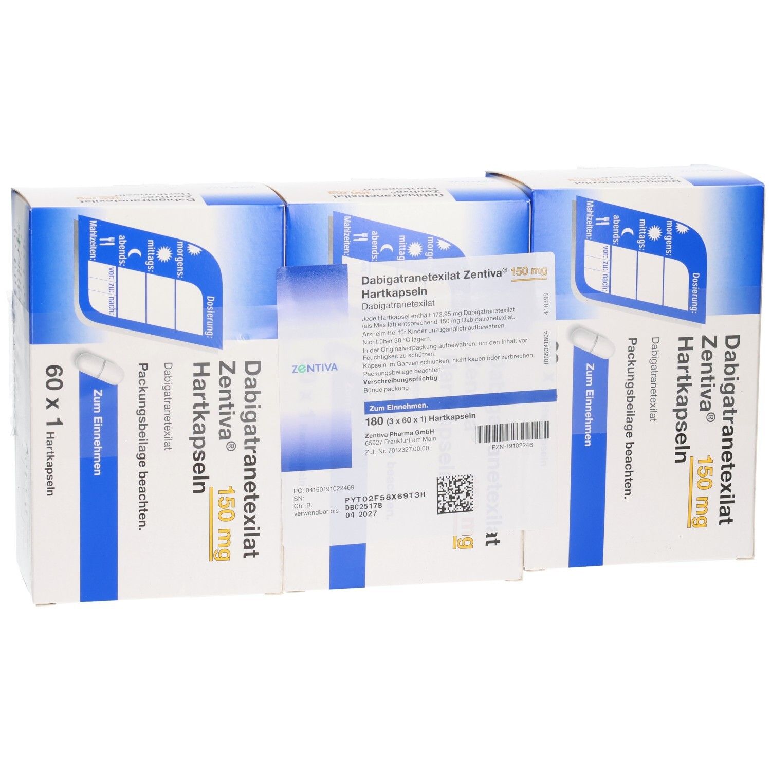 Mehrere Packungen DABIGATRANETEXILAT Zentiva 150 mg Hartkapseln. Weiße und blaue Verpackung mit Produktinformationen.