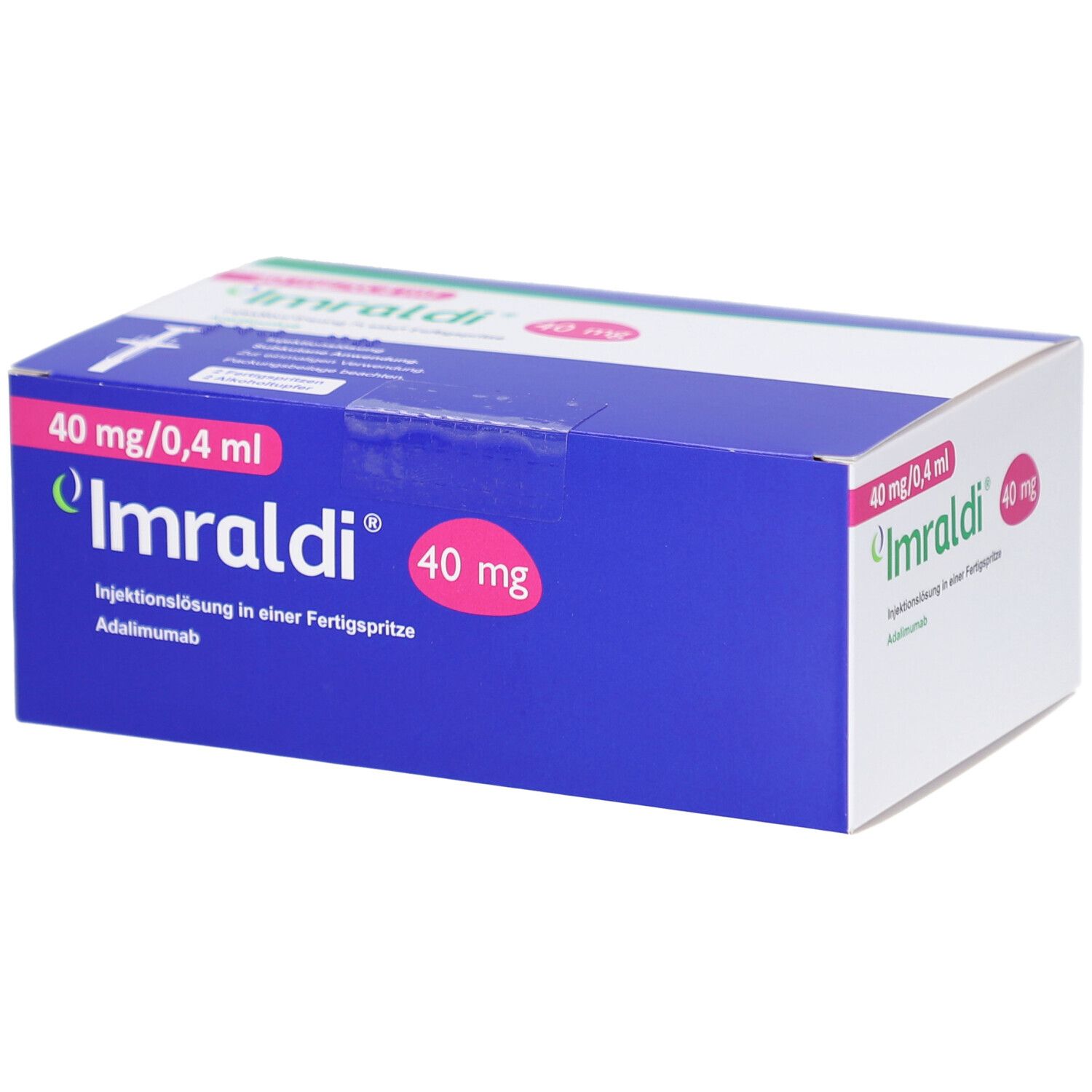 Blauer Karton mit "Imraldi"-Logo und Aufschrift "40 mg/0,4 ml". Fertigspritze-Packung.