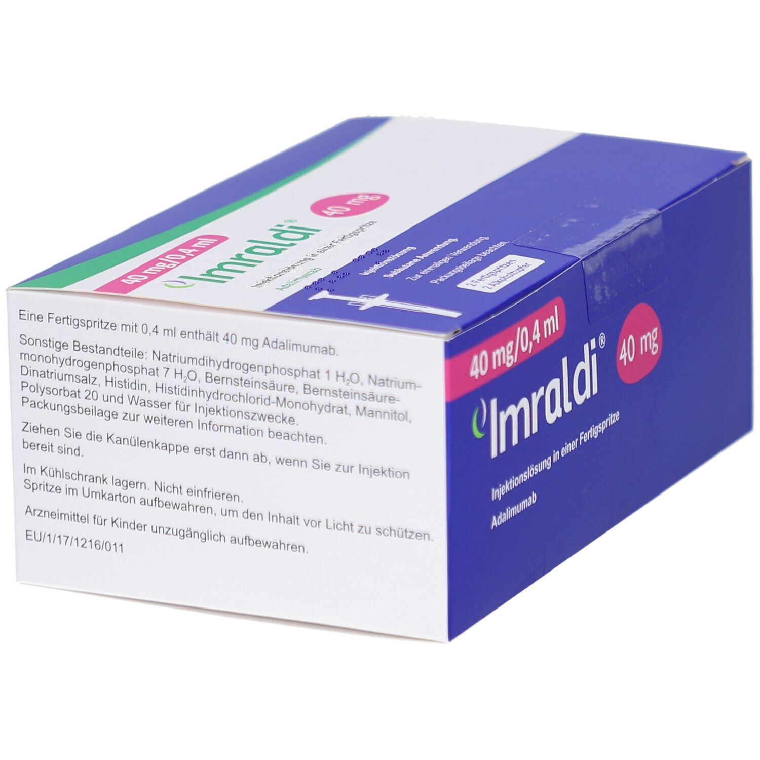 Karton mit "Imraldi"-Logo und Text. Enthält Informationen zur Fertigspritze und Inhaltsstoffen.