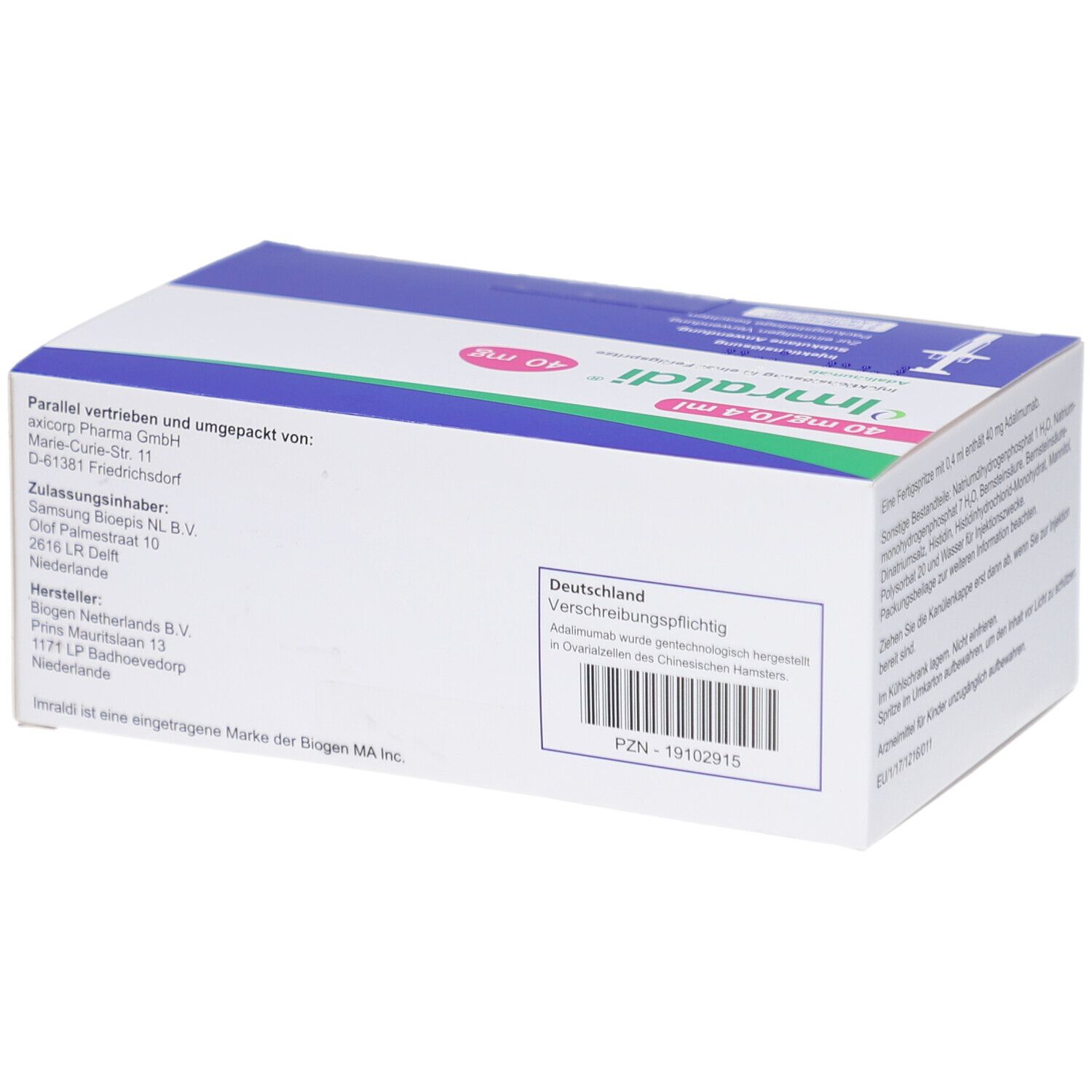 Kartonrückseite mit Text und Barcode. Enthält Informationen zum Vertrieb und Hersteller.