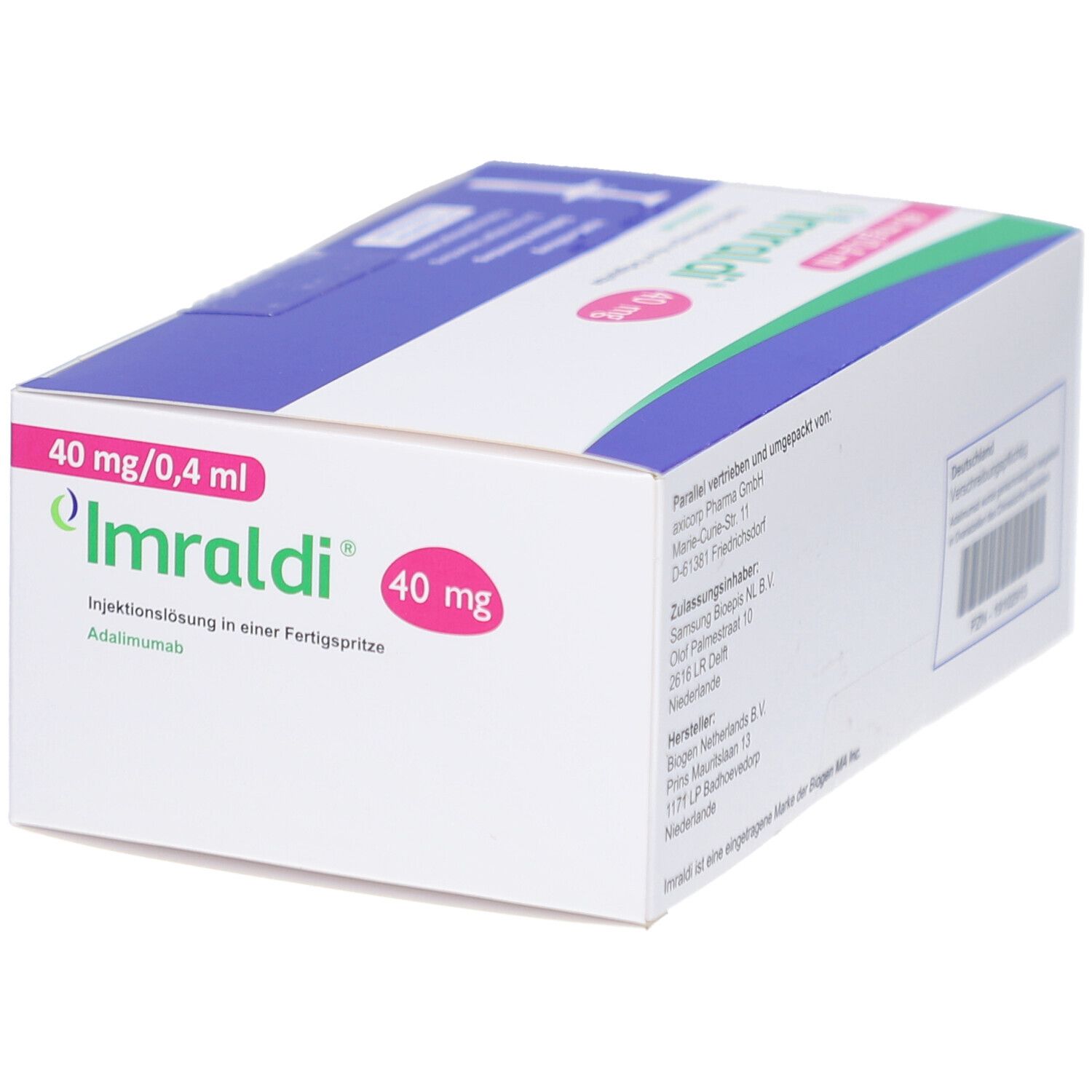 Blauer Karton mit "Imraldi"-Logo und Aufschrift "40 mg/0,4 ml". Fertigspritze-Packung.