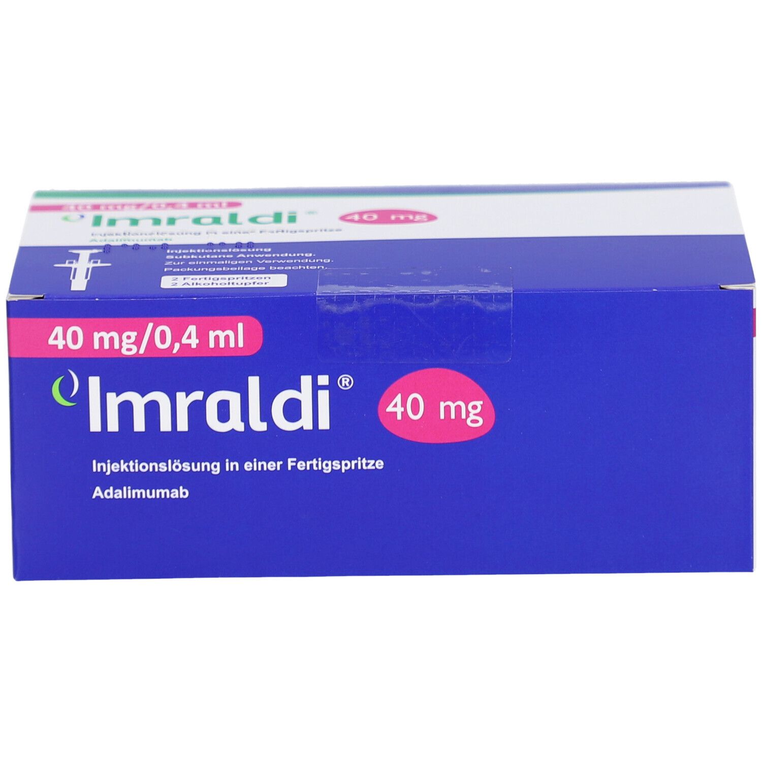 Blauer Karton mit "Imraldi"-Logo und Aufschrift "40 mg/0,4 ml". Fertigspritze-Packung.