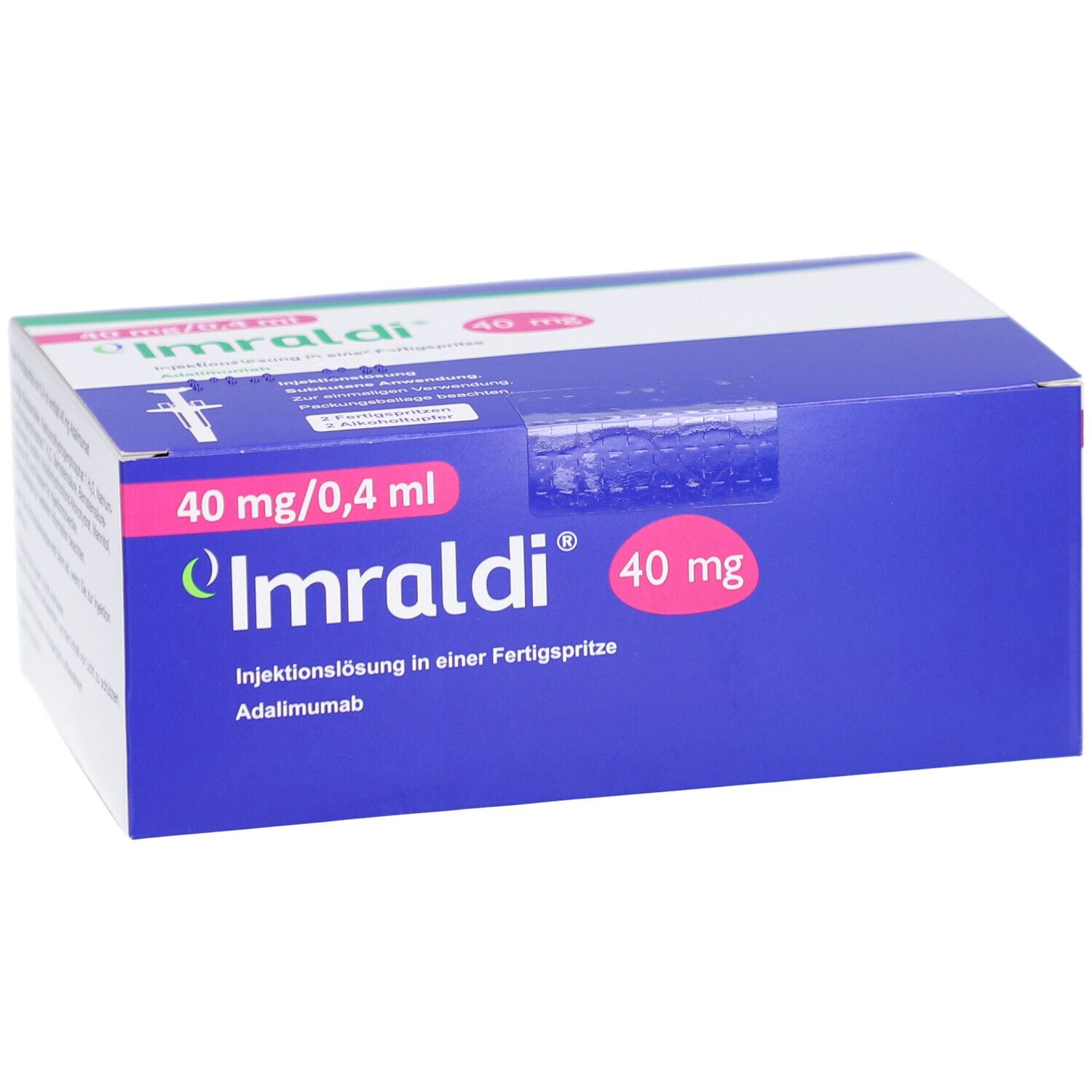 Blauer Karton mit "Imraldi"-Logo und Aufschrift "40 mg/0,4 ml". Fertigspritze-Packung.