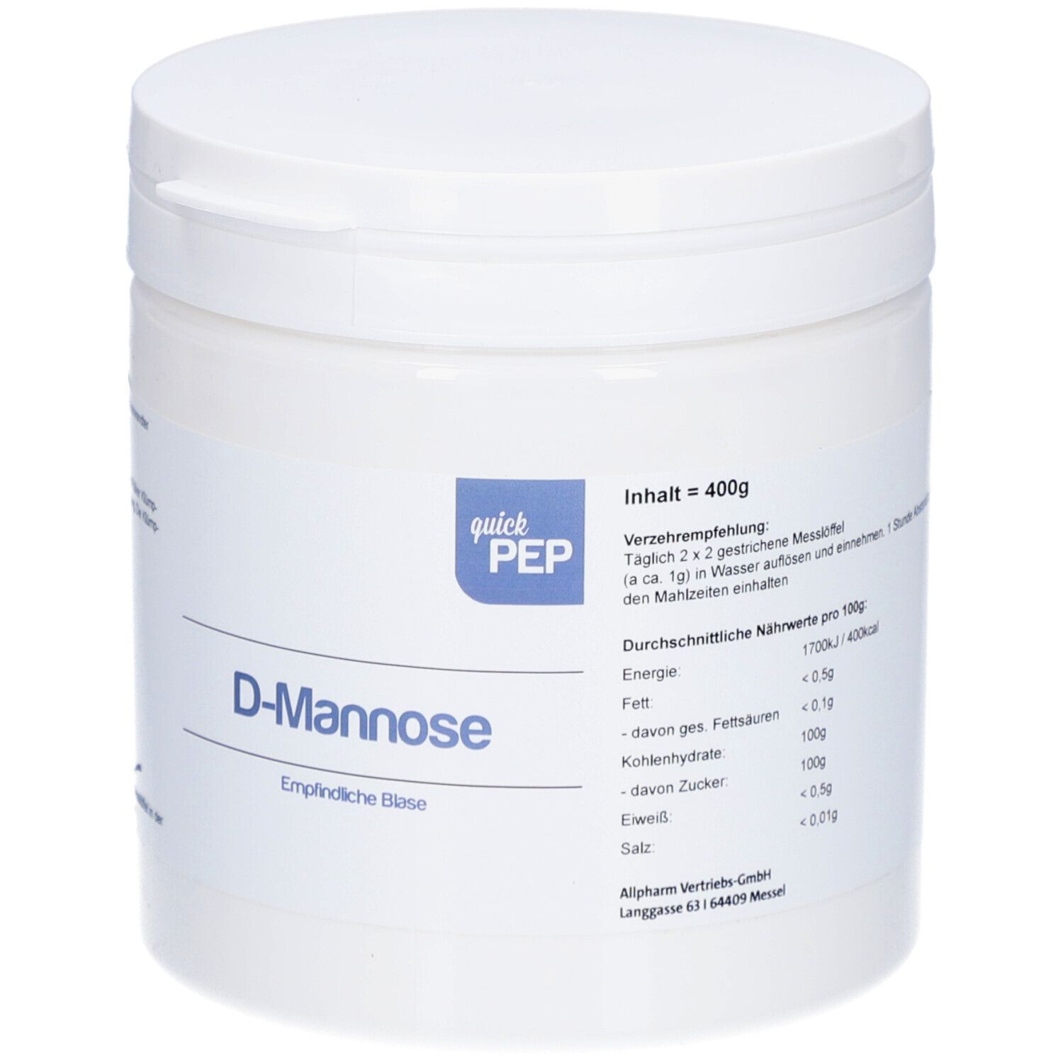 Weiße Dose mit Deckel. Aufschrift: quickPEP, D-Mannose, Empfindliche Blase. Nährwertangaben pro 100g.