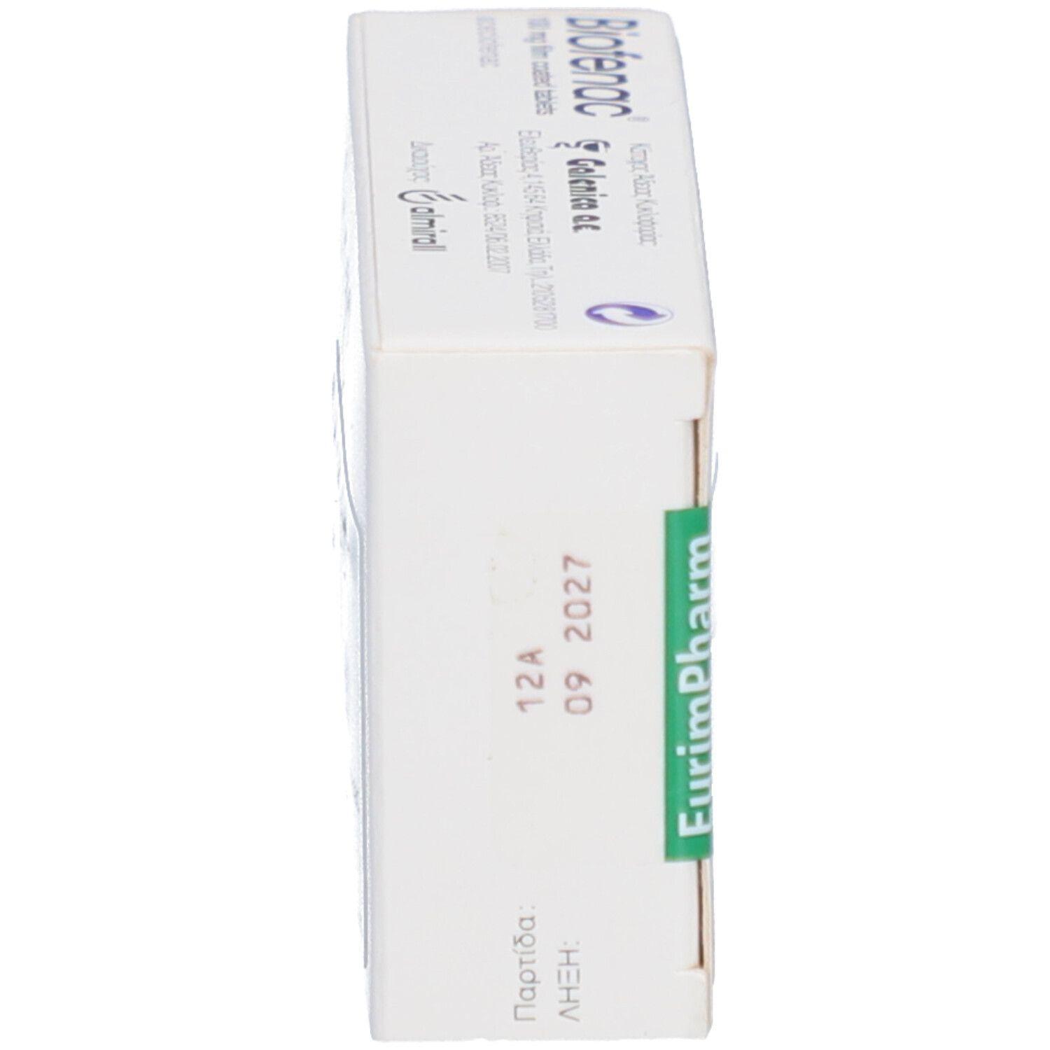 Schachtel mit BIOFENAC 100 mg Filmtabletten. Weiße Verpackung, grüne Akzente. Aufdrucke: Name, Dosierung, Verfallsdatum.