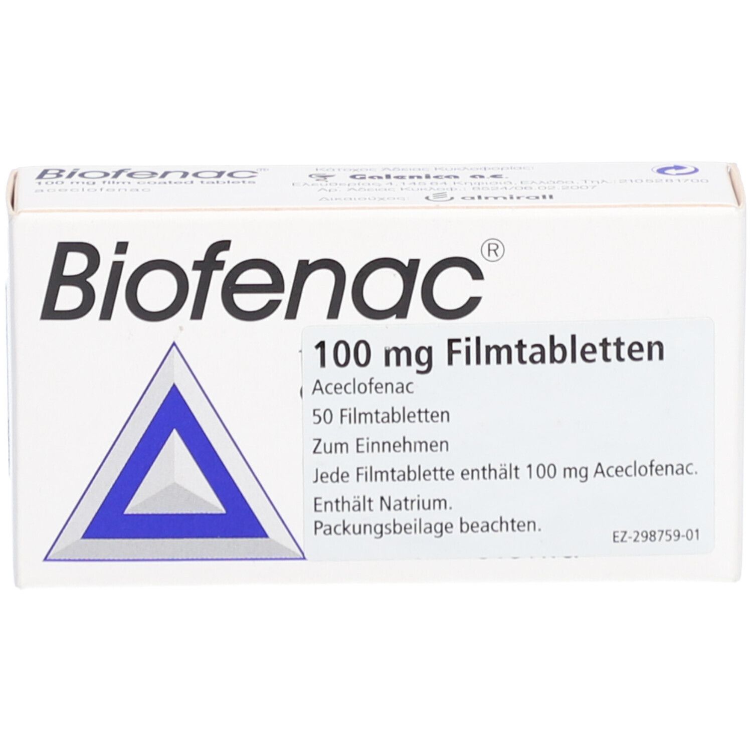 BIOFENAC 100 mg Filmtabletten-Schachtel. Weiße Verpackung mit blauem Dreieck. Aufdrucke: Name, Dosierung, Inhaltsstoffe, Packungsbeilage.