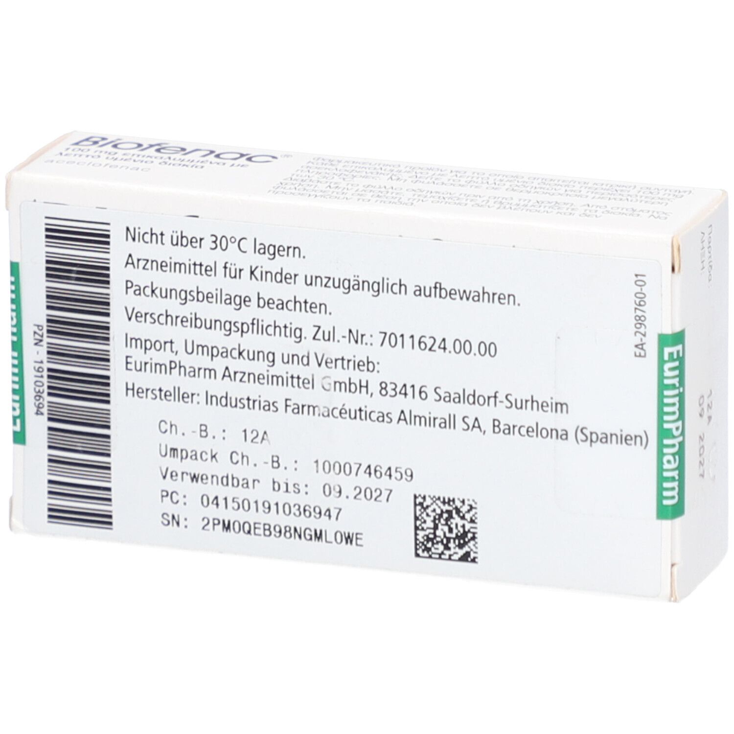 Rückseite der BIOFENAC 100 mg Filmtabletten-Schachtel. Weiße Verpackung. Aufdrucke: Warnhinweise, Herstellerinformationen, Chargennummer, Verfallsdatum.