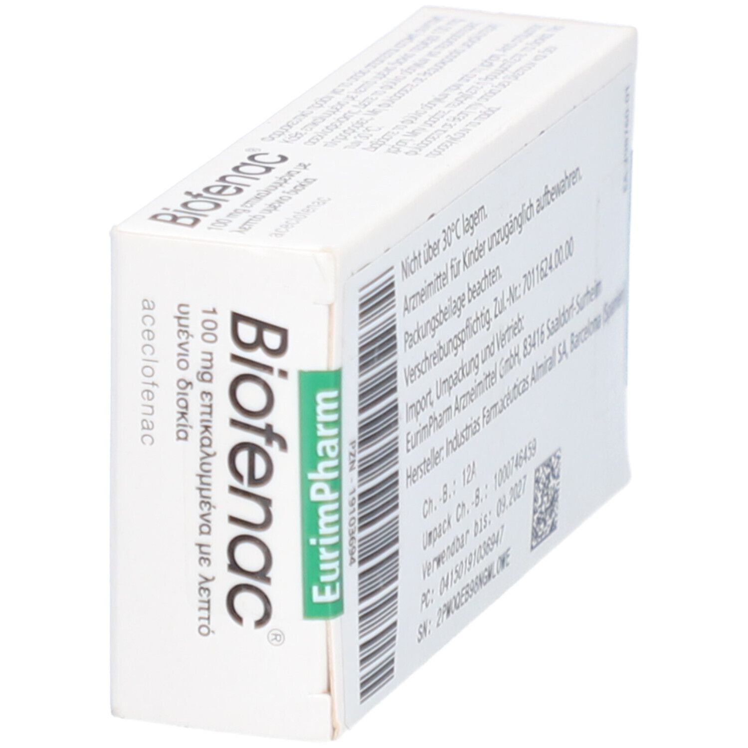 BIOFENAC 100 mg Filmtabletten-Schachtel. Weiße Verpackung, grüne Akzente. Aufdrucke: Name, Dosierung, Verfallsdatum, Hersteller.