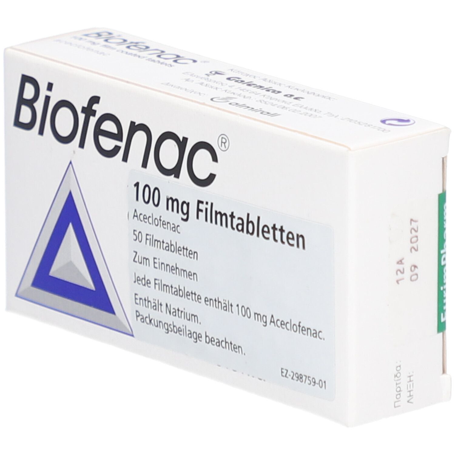BIOFENAC 100 mg Filmtabletten-Schachtel. Weiße Verpackung mit blauem Dreieck. Aufdrucke: Name, Dosierung, Inhaltsstoffe, Packungsbeilage.