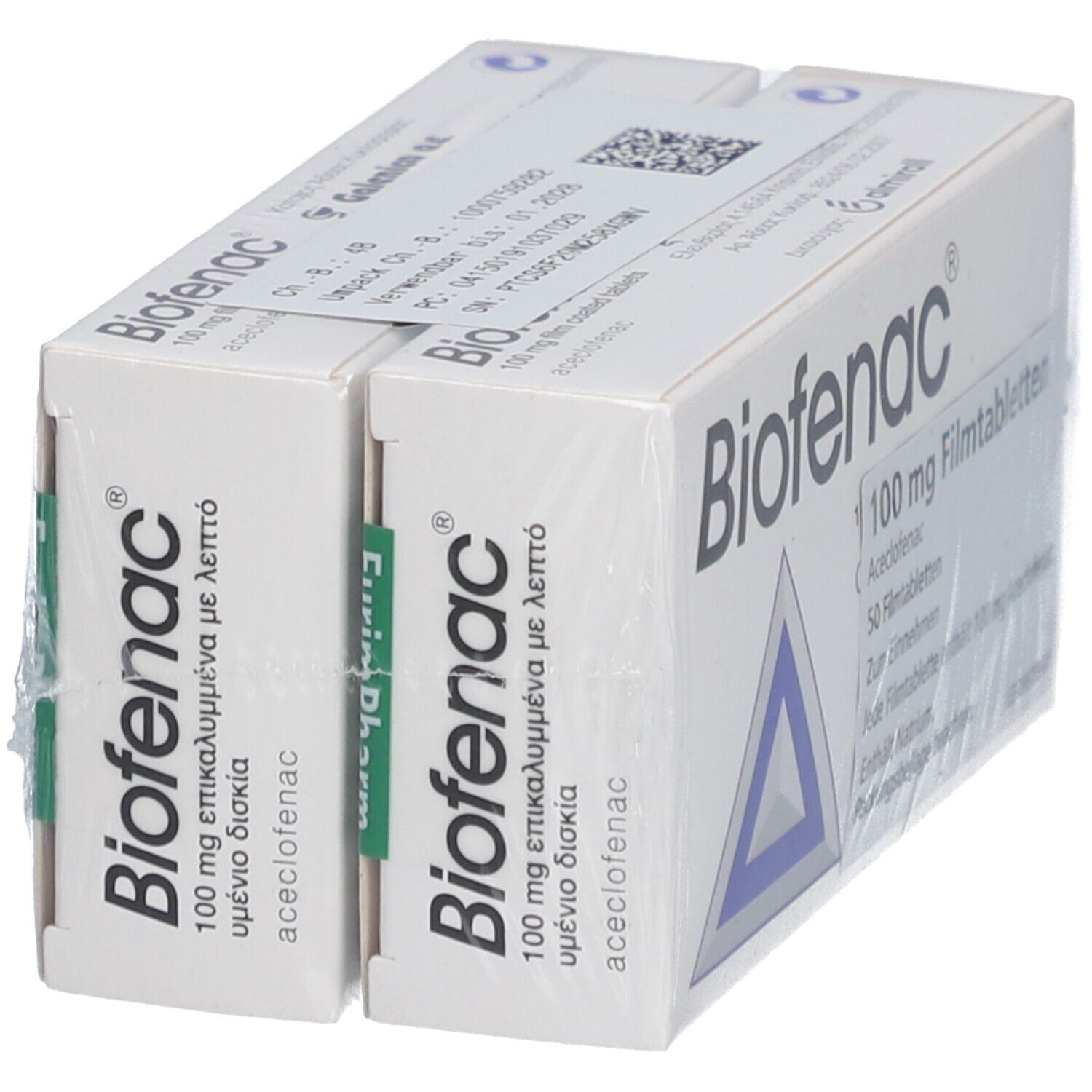 Zwei Packungen Tabletten. Aufschrift: Biofenac 100 mg Filmtabletten. Weißer Karton mit blauem Dreieck. Verpackt in Folie.