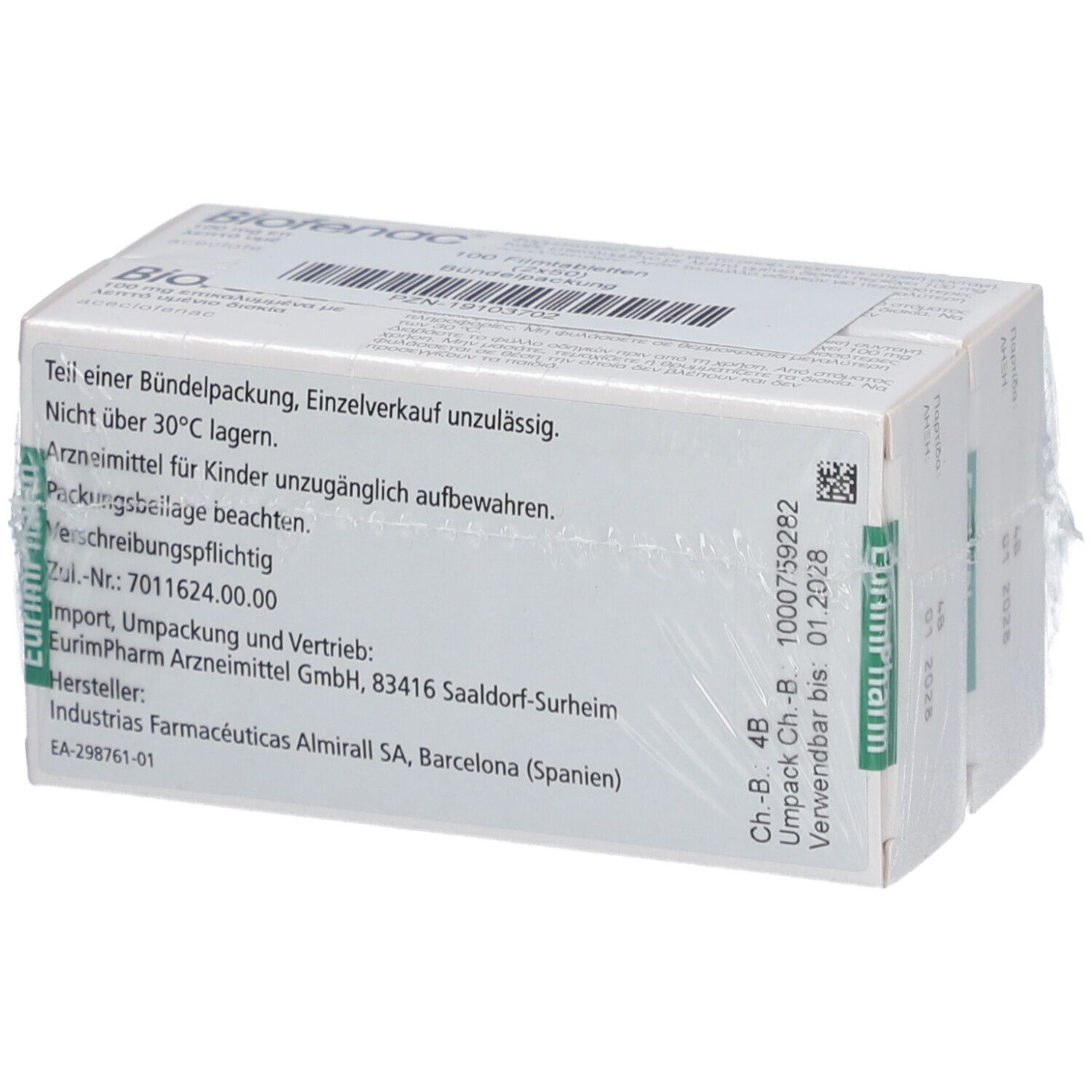 Zwei Packungen Tabletten, in Folie verpackt. Rückseite mit Herstellerinformationen. Einzelverkauf unzulässig.
