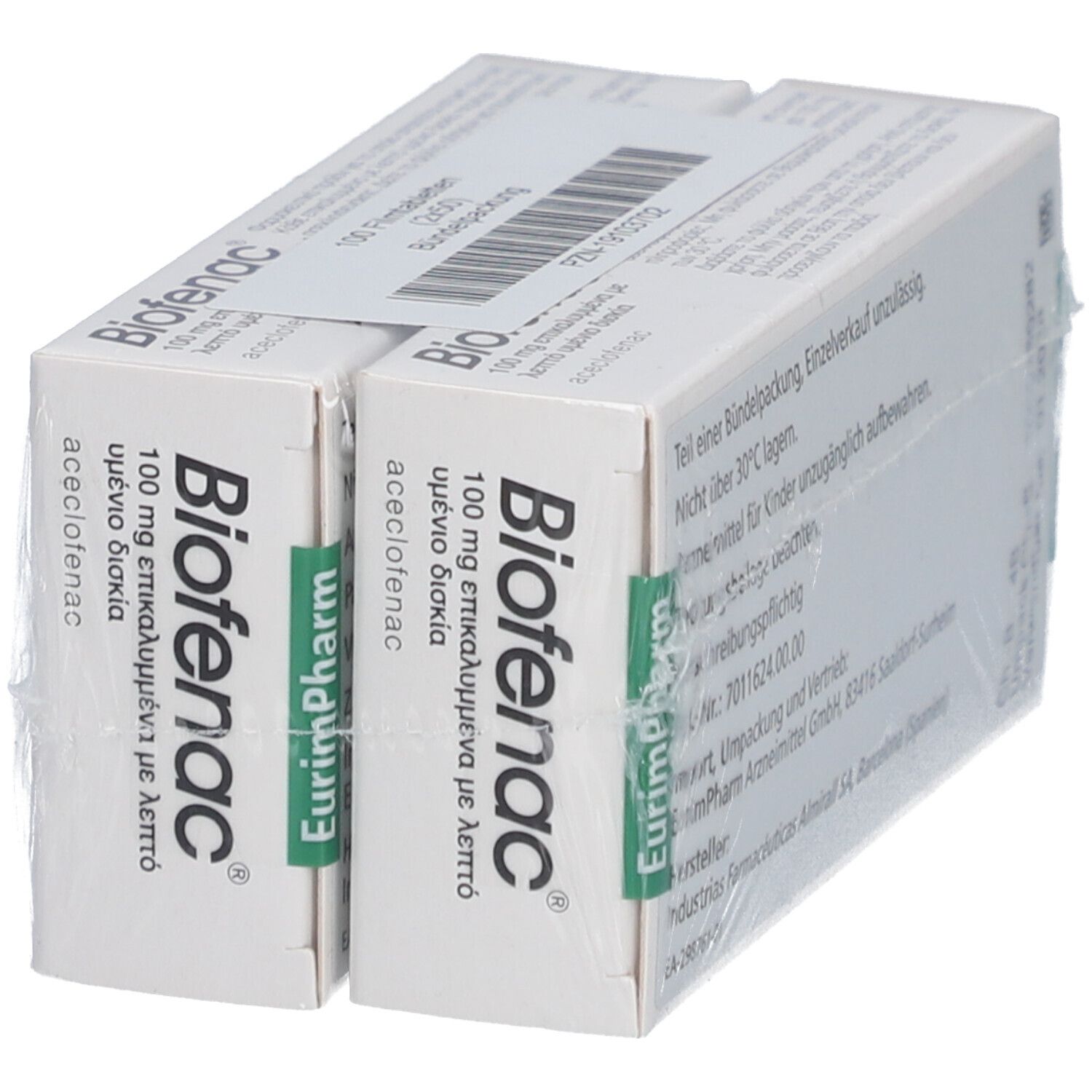 Zwei Packungen Tabletten, in Folie verpackt. Aufschrift: Biofenac 100 mg Filmtabletten. Weißer Karton mit blauem Dreieck.