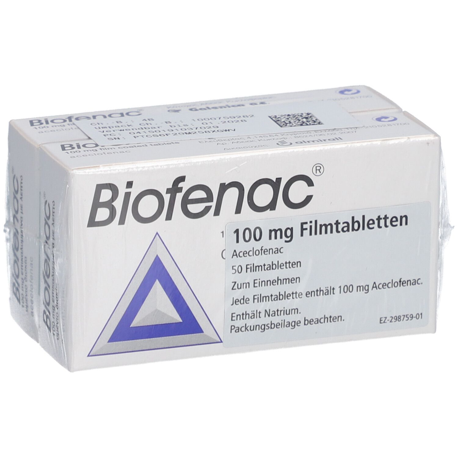 Packung mit Tabletten. Aufschrift: Biofenac 100 mg Filmtabletten. Enthält 50 Tabletten. Weißer Karton mit blauem Dreieck.