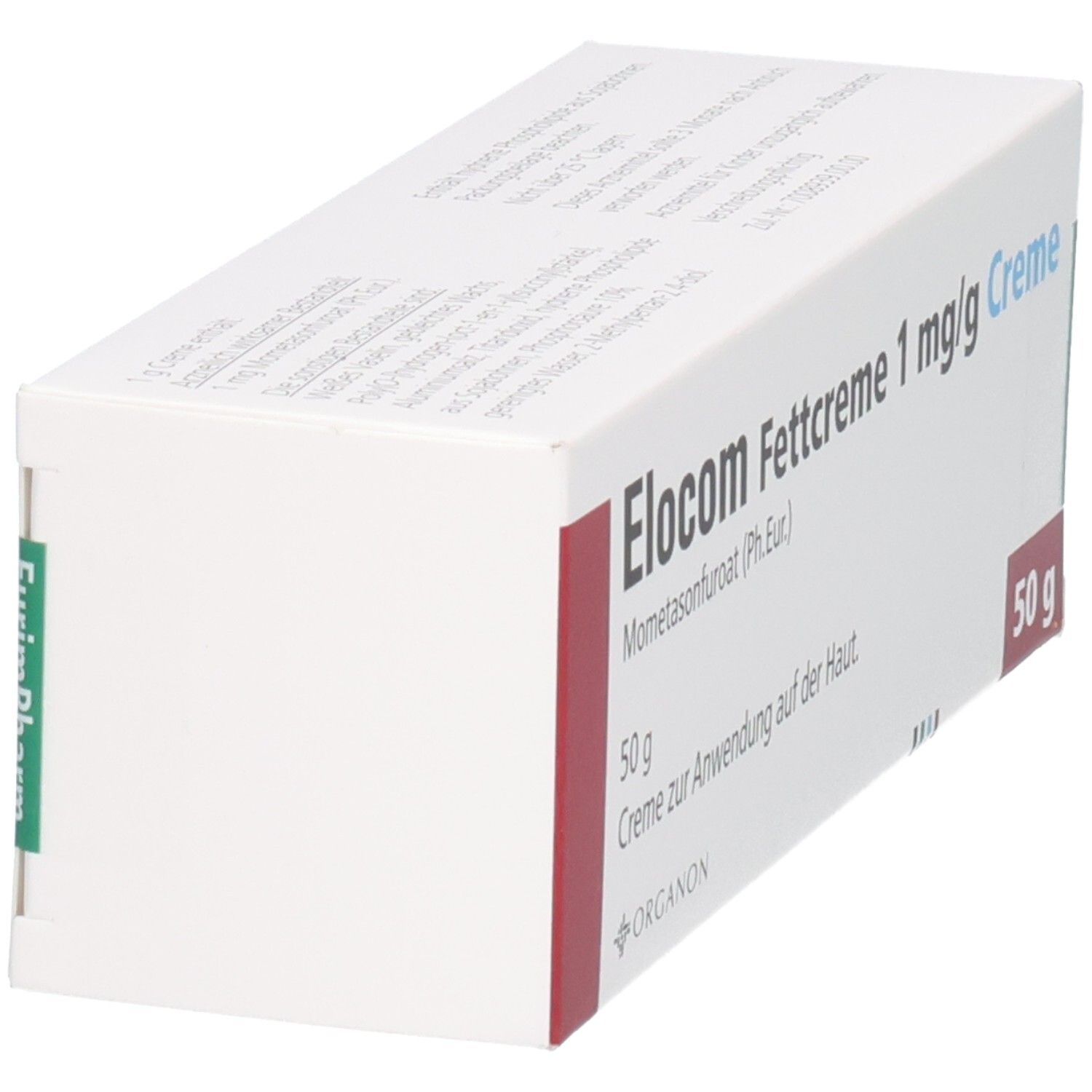 ELOCOM Fettcreme 1 mg/g Creme Packung, Seitenansicht mit 50 g Inhalt.