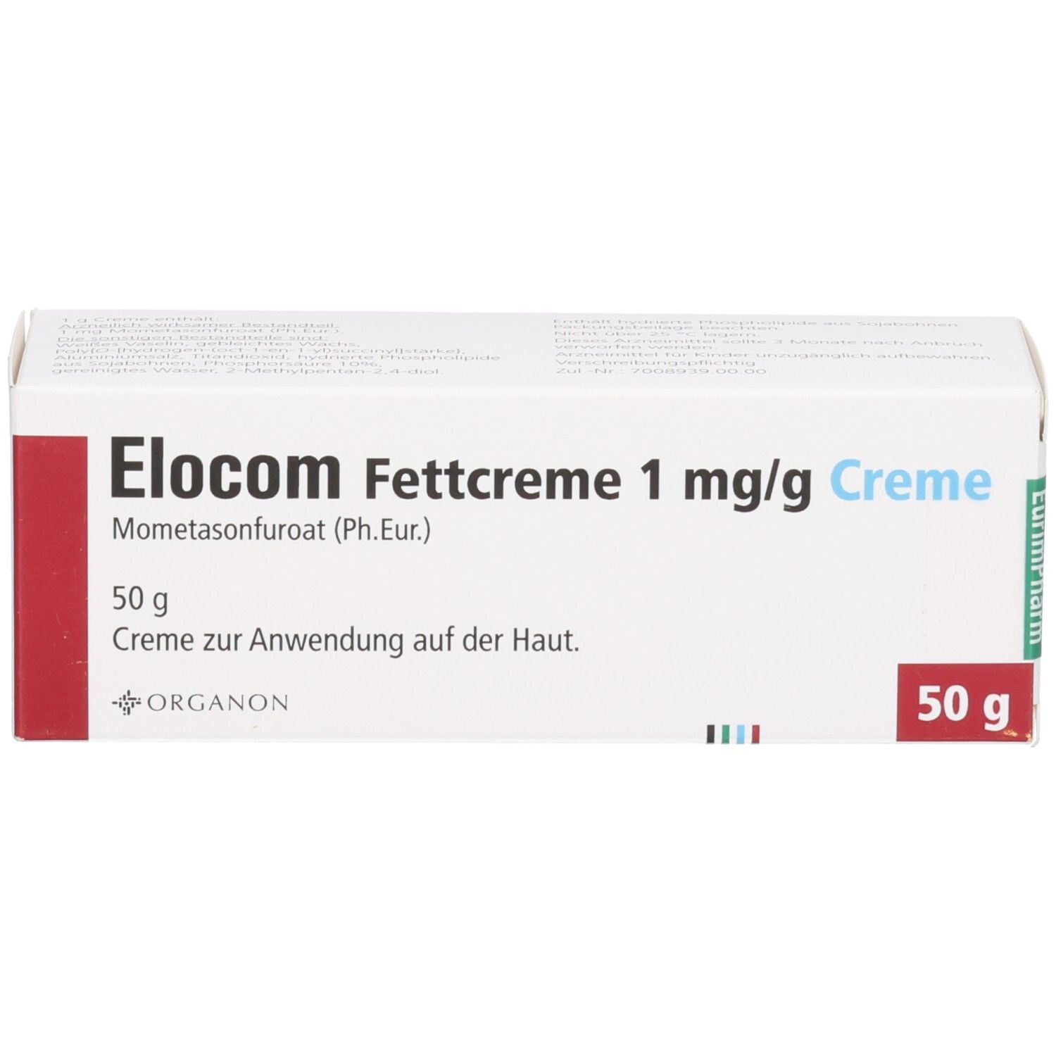 ELOCOM Fettcreme 1 mg/g Creme Packung mit 50 g Inhalt, Vorderseite.