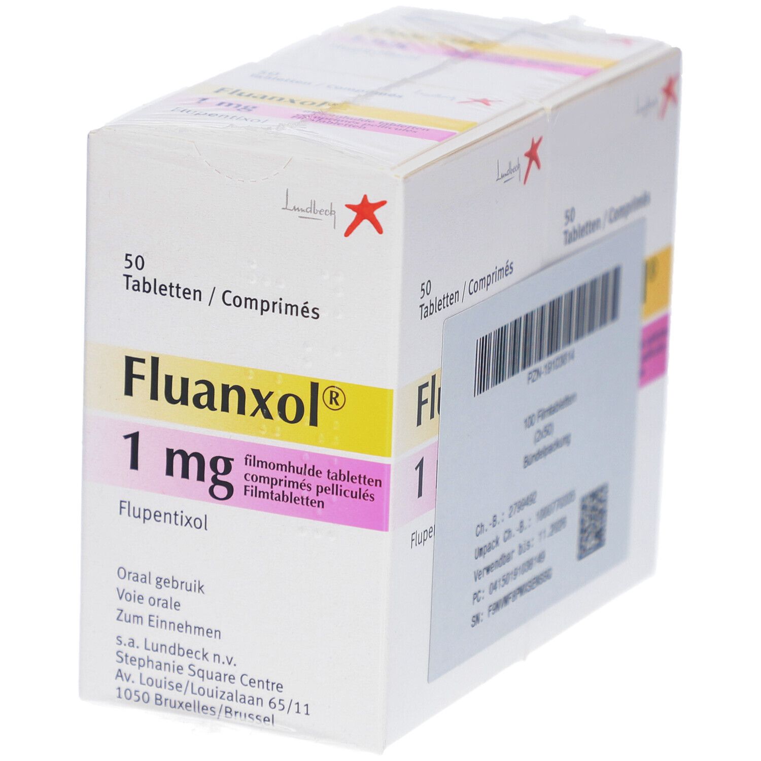 Weiße Faltschachtel mit "Fluanxol 1 mg"-Aufdruck. Enthält 50 Tabletten. Hersteller: Lundbeck.