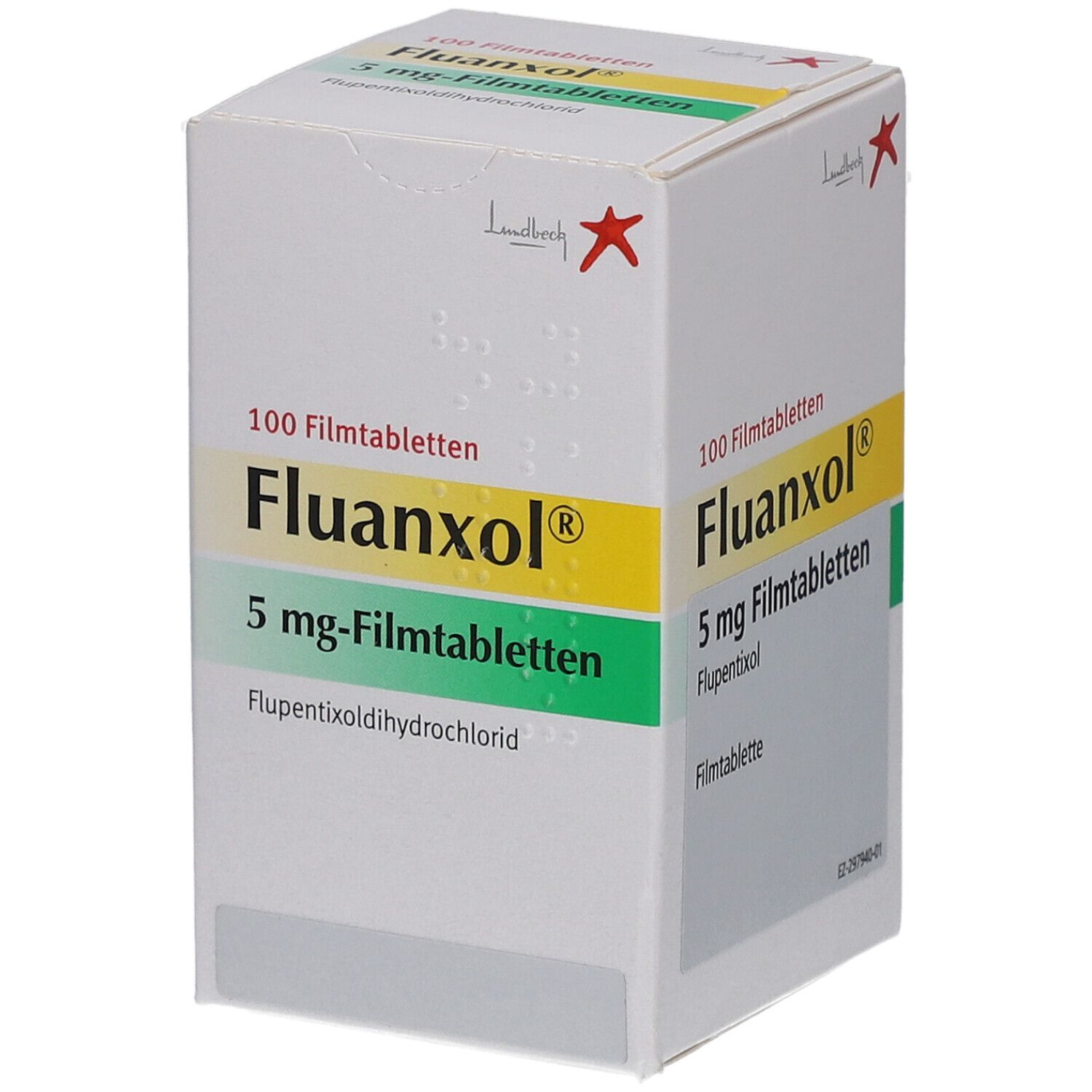 Schachtel mit FLUANXOL 5 mg Filmtabletten. Aufschrift: 100 Filmtabletten, Fluanxol, 5 mg-Filmtabletten. Herstellerlogo.