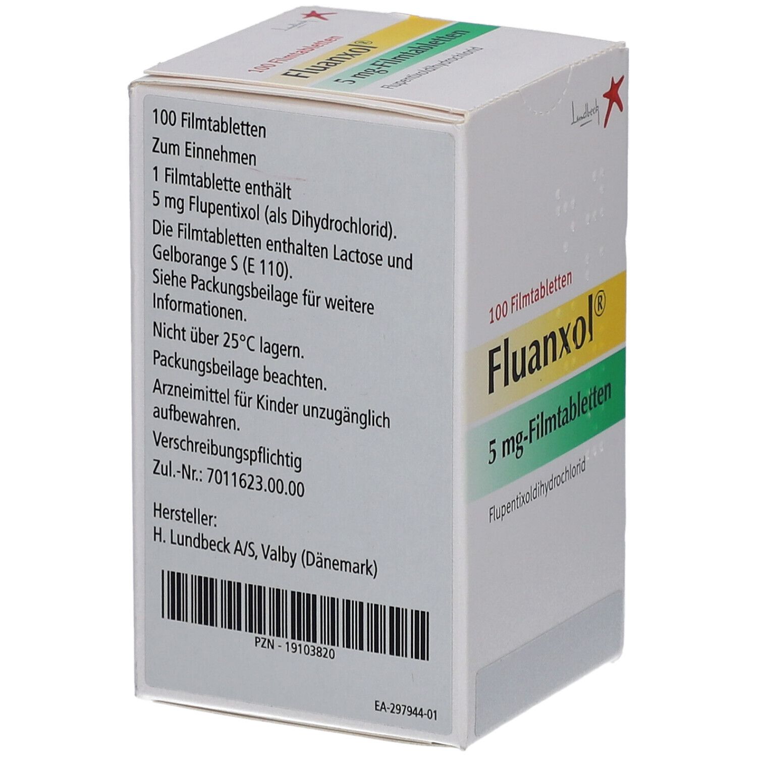 Rückseite der Schachtel mit FLUANXOL 5 mg Filmtabletten. Text: 100 Filmtabletten, Inhaltsstoffe, Lagerhinweis, Herstellerinformationen.