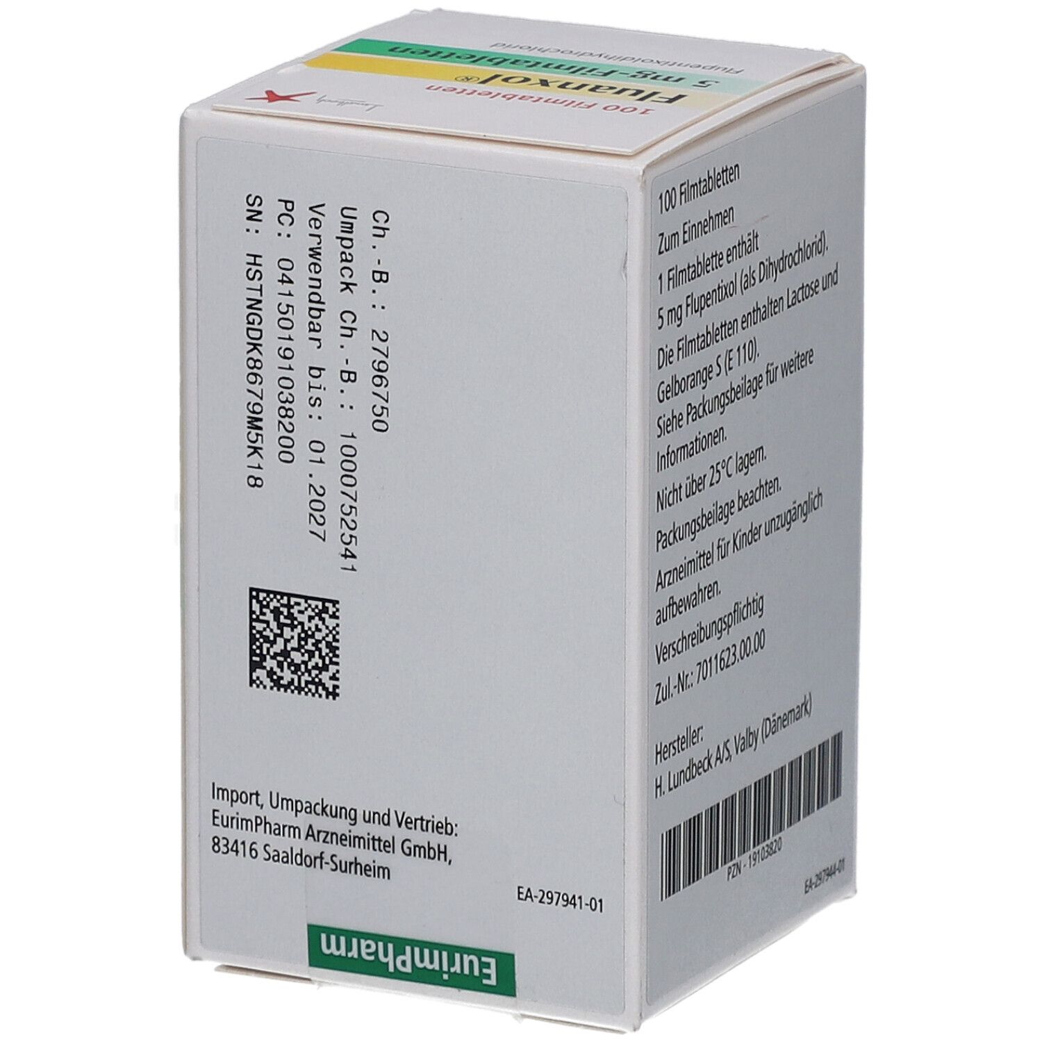 Rückseite der Schachtel mit FLUANXOL 5 mg Filmtabletten. Text: Chargennummer, Verfallsdatum, Herstellerinformationen, QR-Code.