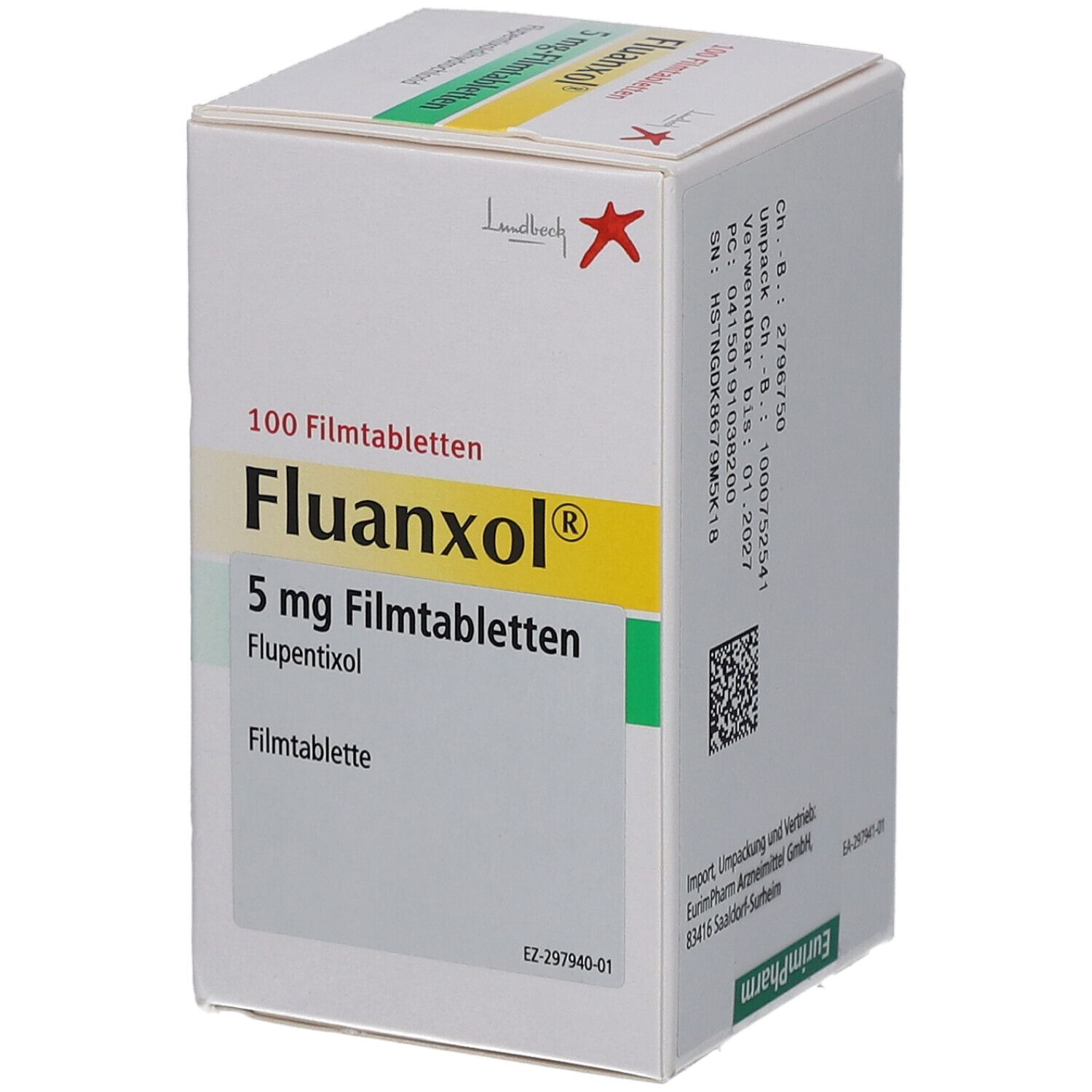 Schachtel mit FLUANXOL 5 mg Filmtabletten. Aufschrift: 100 Filmtabletten, Fluanxol, 5 mg-Filmtabletten. Herstellerlogo.