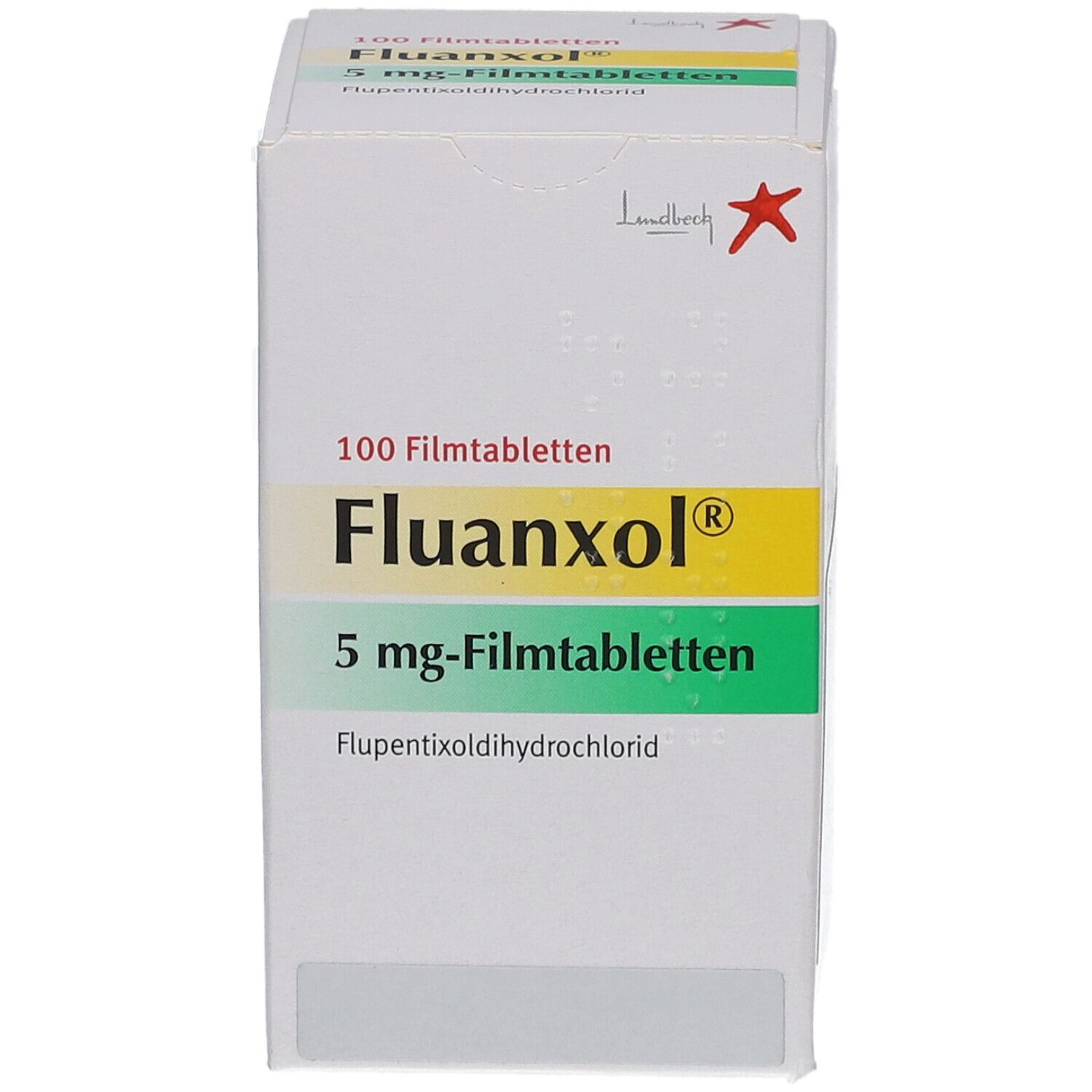 Schachtel mit FLUANXOL 5 mg Filmtabletten. Aufschrift: 100 Filmtabletten, Fluanxol, 5 mg-Filmtabletten. Herstellerlogo.