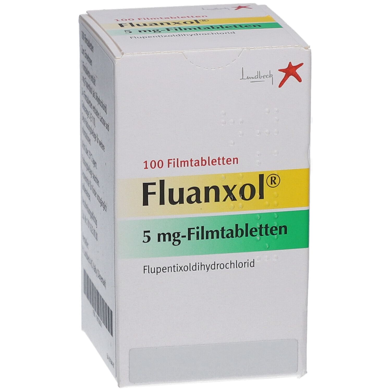 Schachtel mit FLUANXOL 5 mg Filmtabletten. Aufschrift: 100 Filmtabletten, Fluanxol, 5 mg-Filmtabletten. Herstellerlogo.