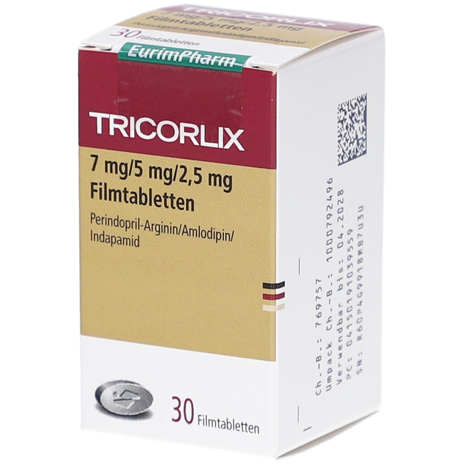 Arzneimittelpackung mit TRICORLIX 7 mg/5 mg/2,5 mg Filmtabletten. Rote und goldfarbene Verpackung mit Produktinformationen und Logo.
