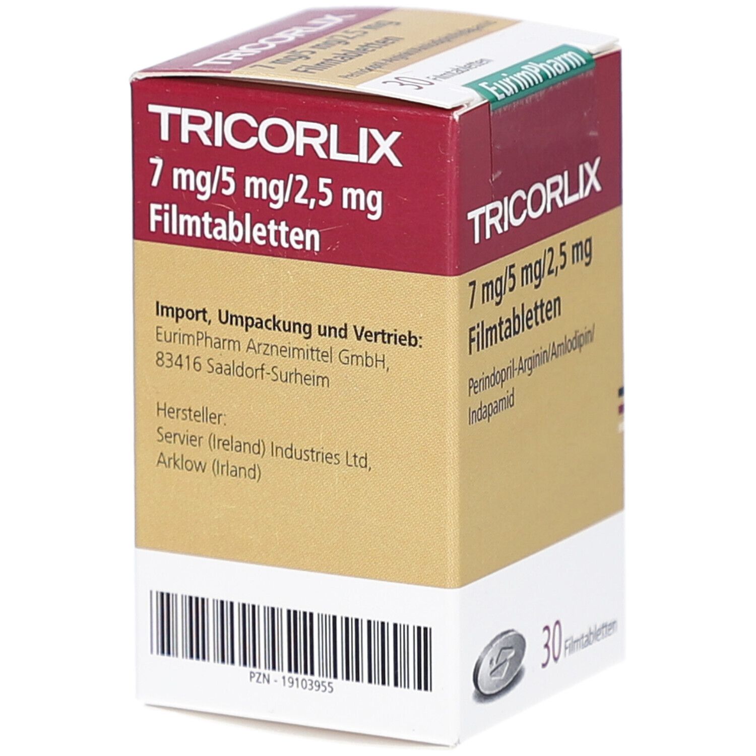 Arzneimittelpackung TRICORLIX 7 mg/5 mg/2,5 mg Filmtabletten. Ansicht mit Produktnamen, Dosierung und Herstellerinformationen.