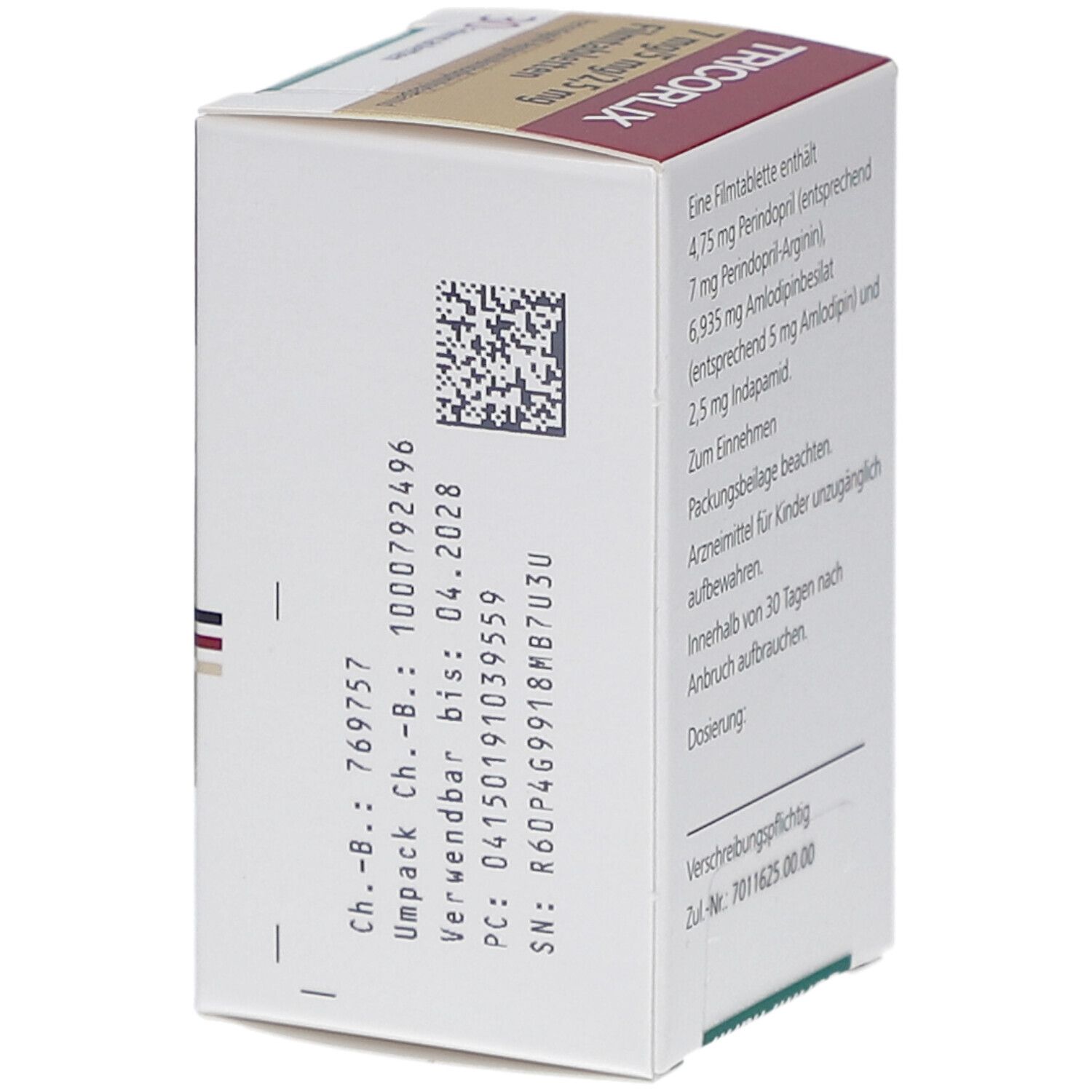 Seitenansicht der Arzneimittelpackung TRICORLIX 7 mg/5 mg/2,5 mg Filmtabletten. Mit Chargennummer und Verfallsdatum.