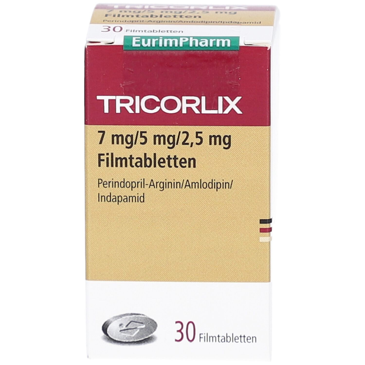 Arzneimittelpackung TRICORLIX 7 mg/5 mg/2,5 mg Filmtabletten. Ansicht mit Produktnamen, Dosierung und Packungsinhalt.