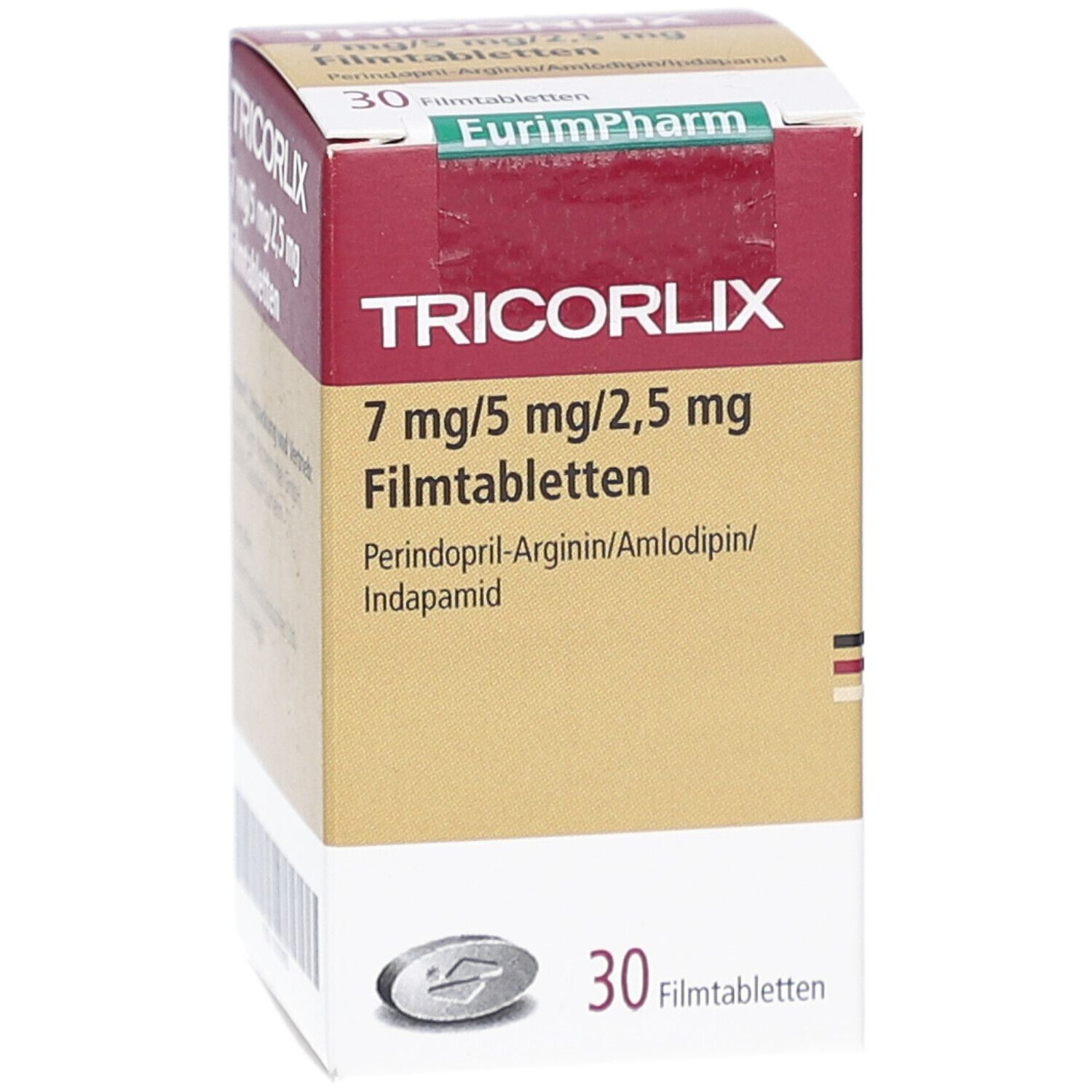 Arzneimittelpackung TRICORLIX 7 mg/5 mg/2,5 mg Filmtabletten. Ansicht mit Produktnamen, Dosierung und Packungsinhalt.