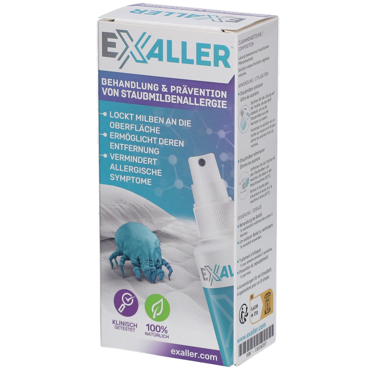 ExAller®-Spray und Verpackung. Produktinformationen und Logo. Klinisch getestet. 100% natürlich.