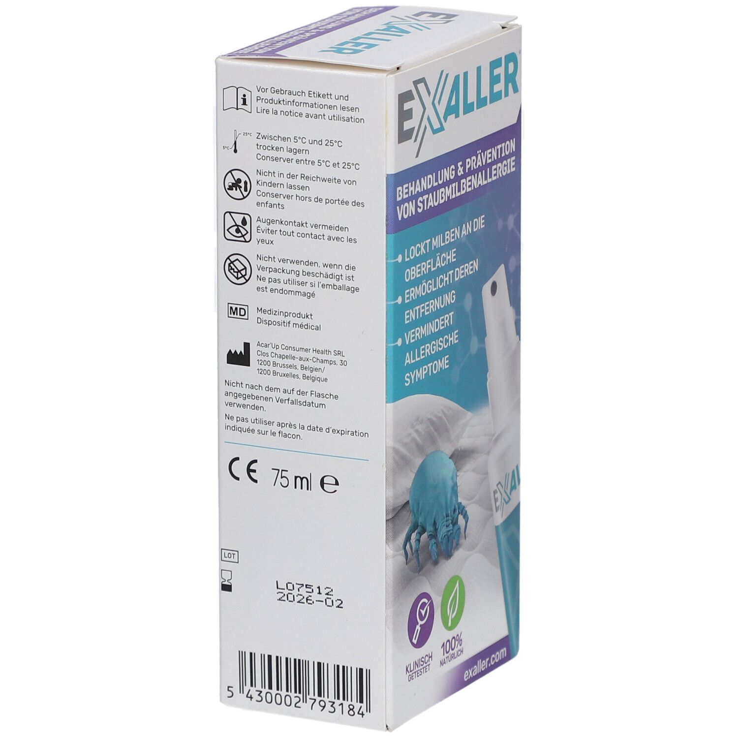 ExAller®-Spray Verpackung. Produktinformationen und Logo. CE-Kennzeichnung. 75 ml.