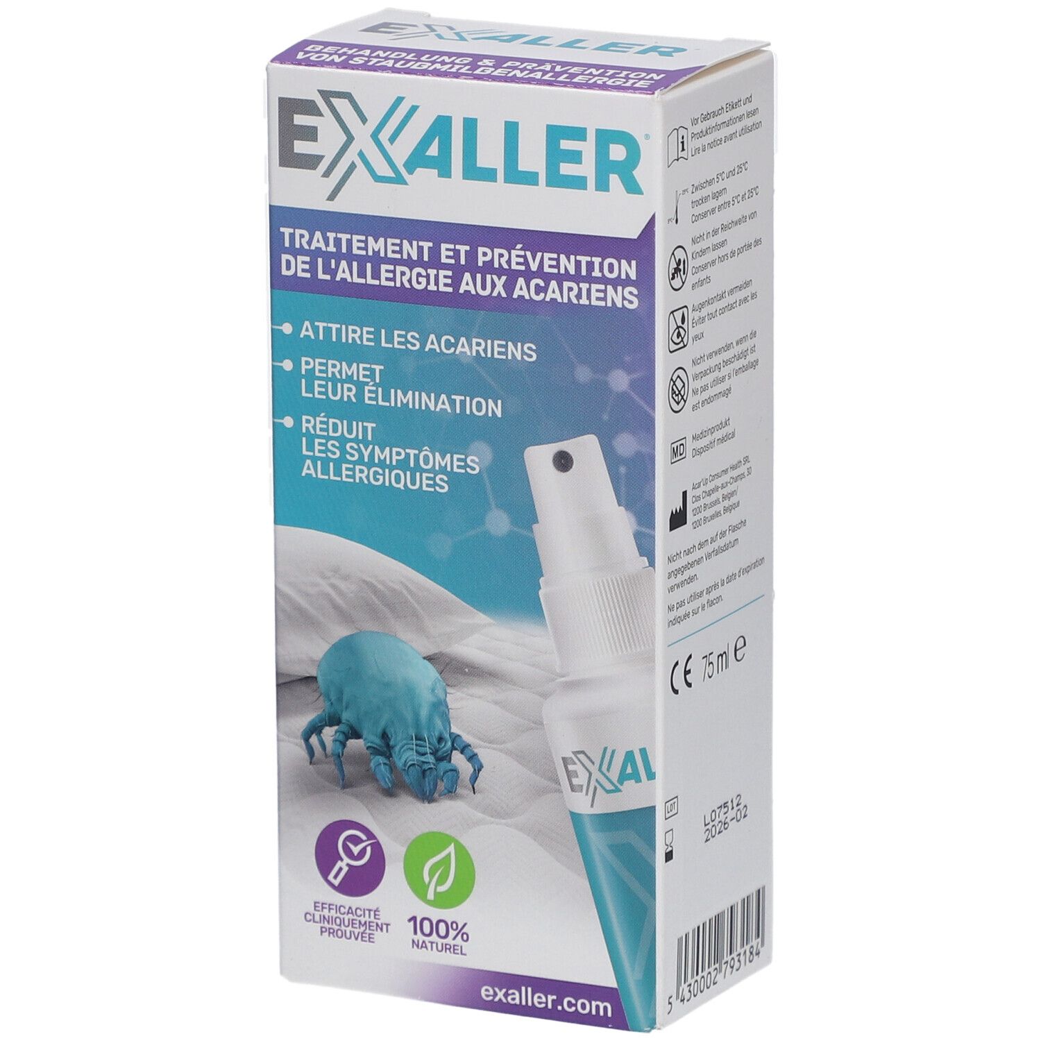 ExAller®-Spray Verpackung. Produktinformationen und Logo. Französische Produktinformationen. 75 ml.