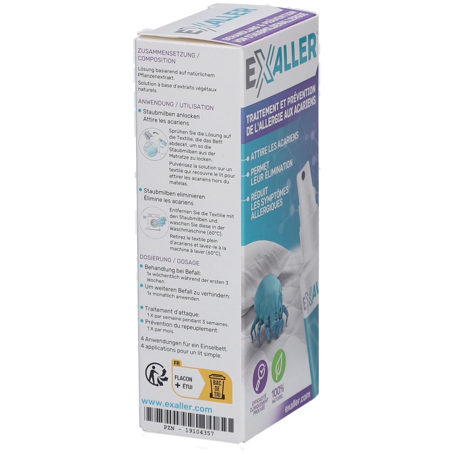 ExAller®-Spray Verpackung. Produktinformationen und Logo. Französische Produktinformationen. 75 ml.